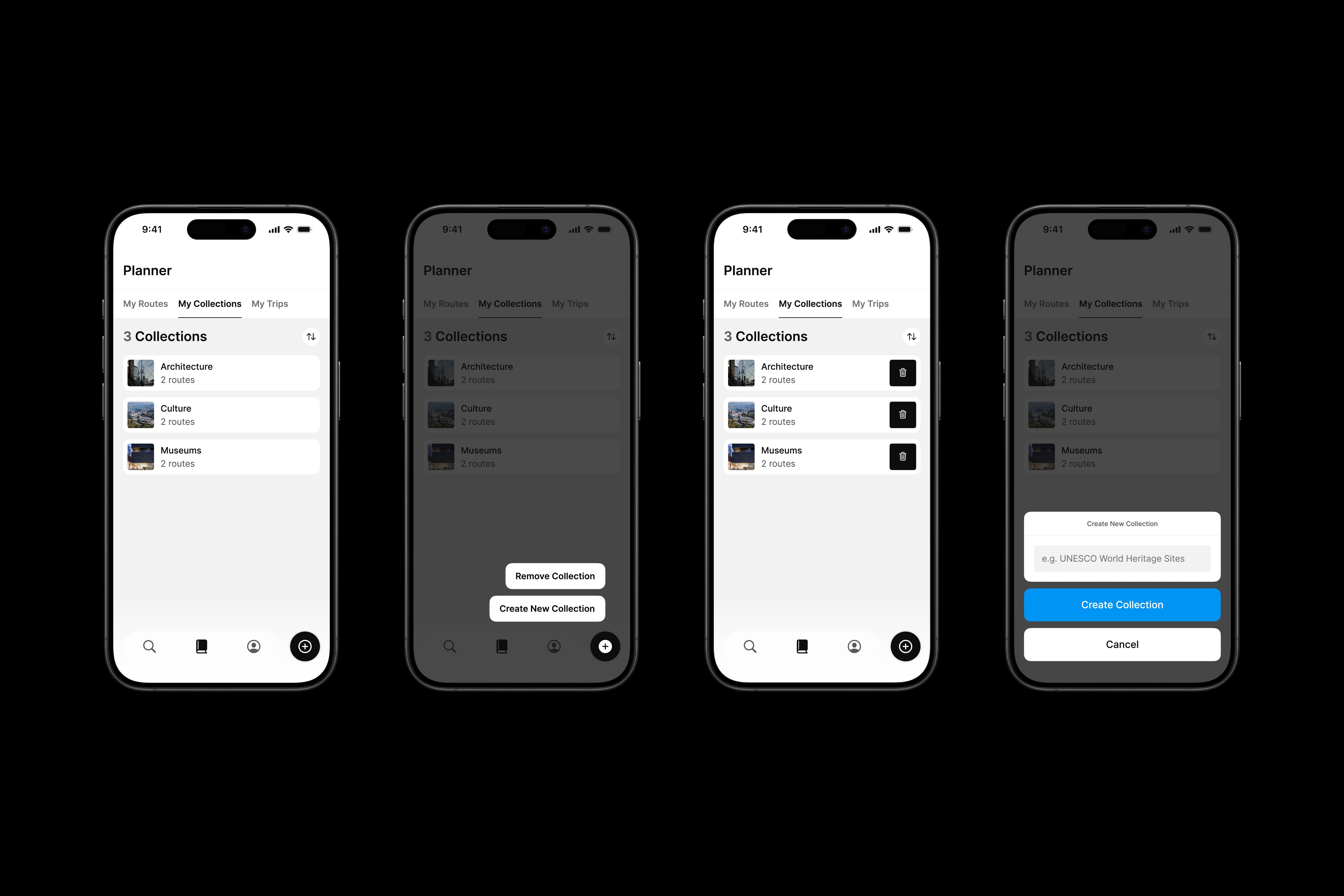 Four iPhone mock ups featuring Many Road's app design.