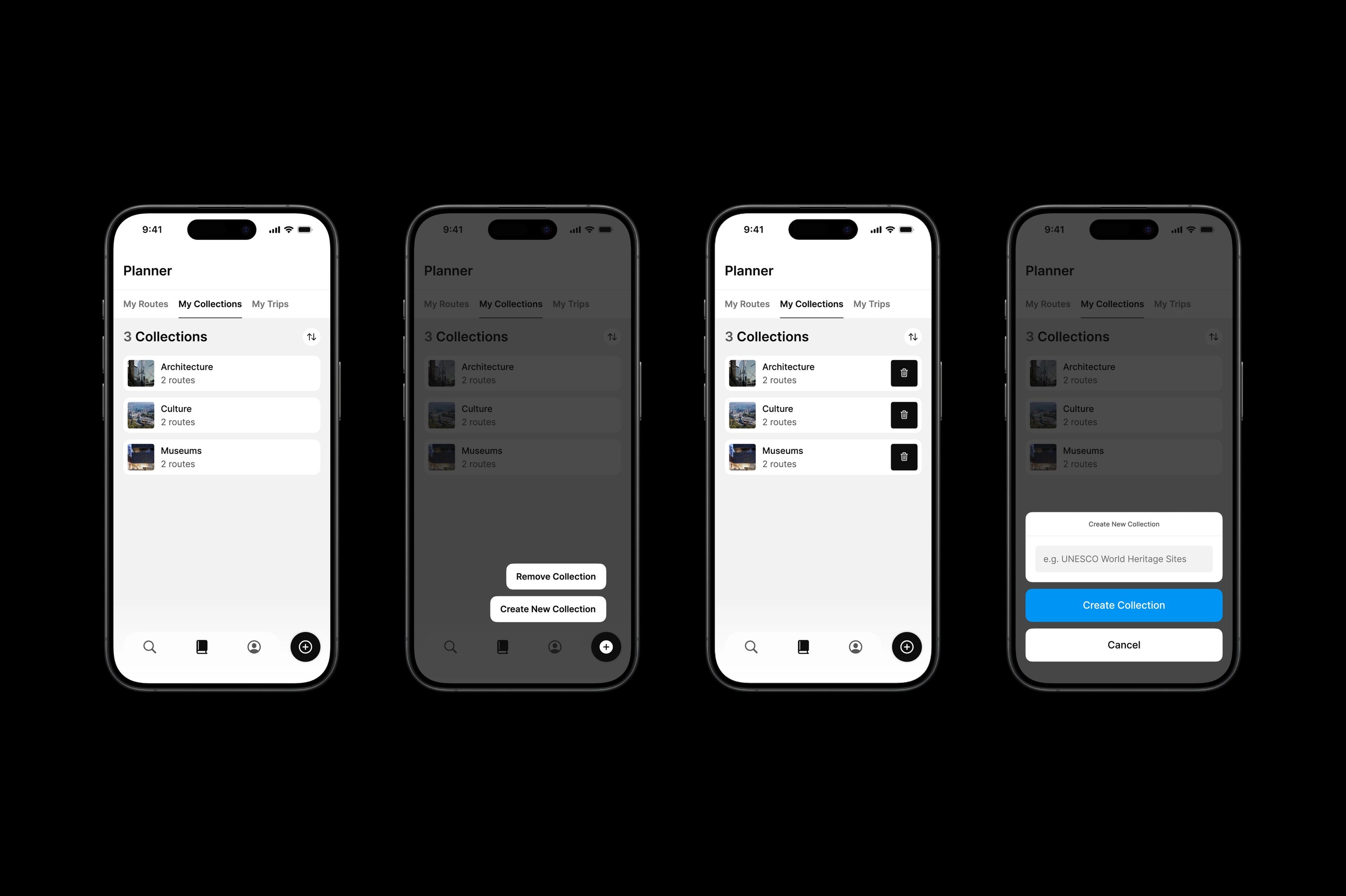Four iPhone mock ups featuring Many Road's app design.