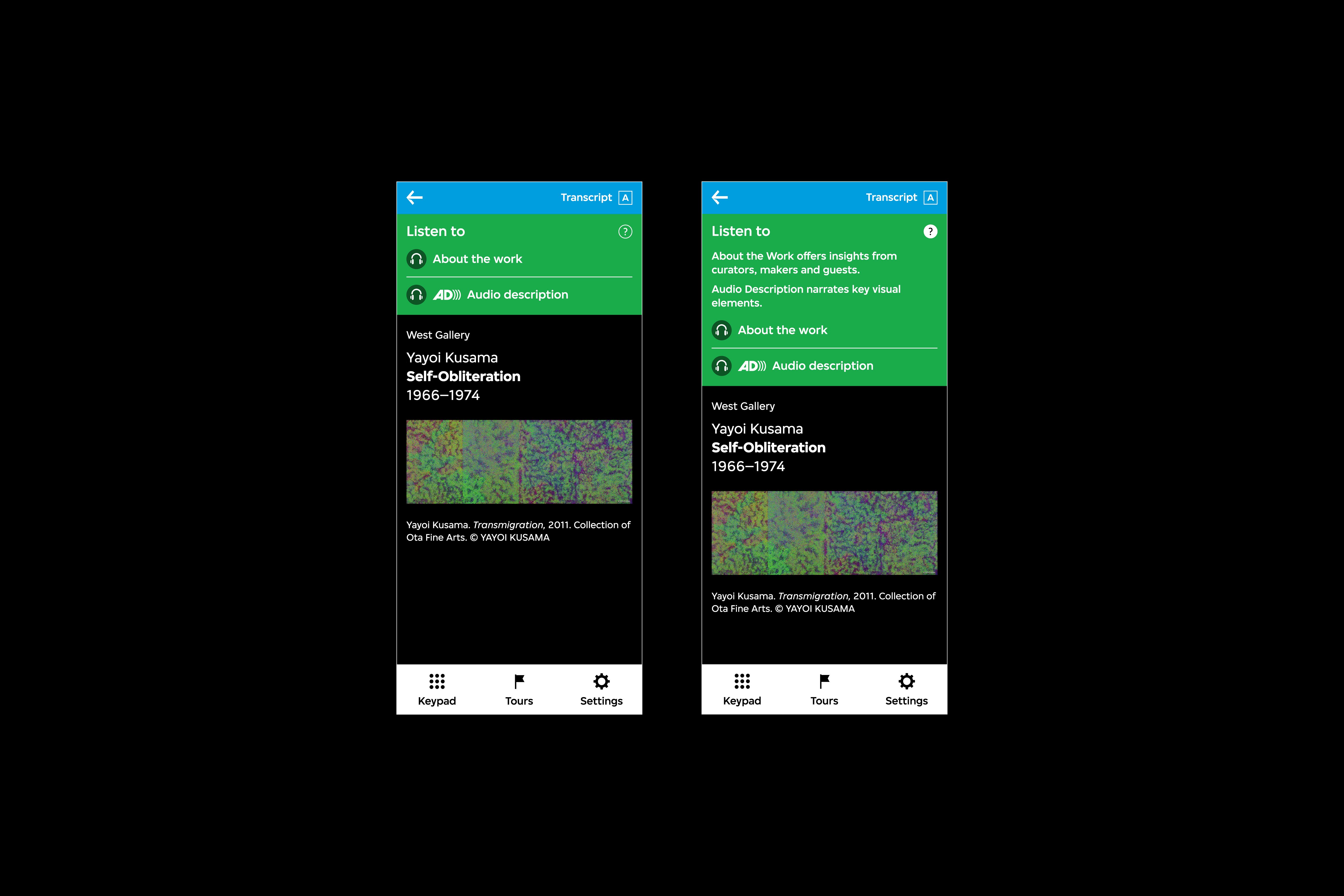 There are two audio guide interfaces. The first interface features a container for the about the work and audio description audio track options, and the second interface features a description of those options.