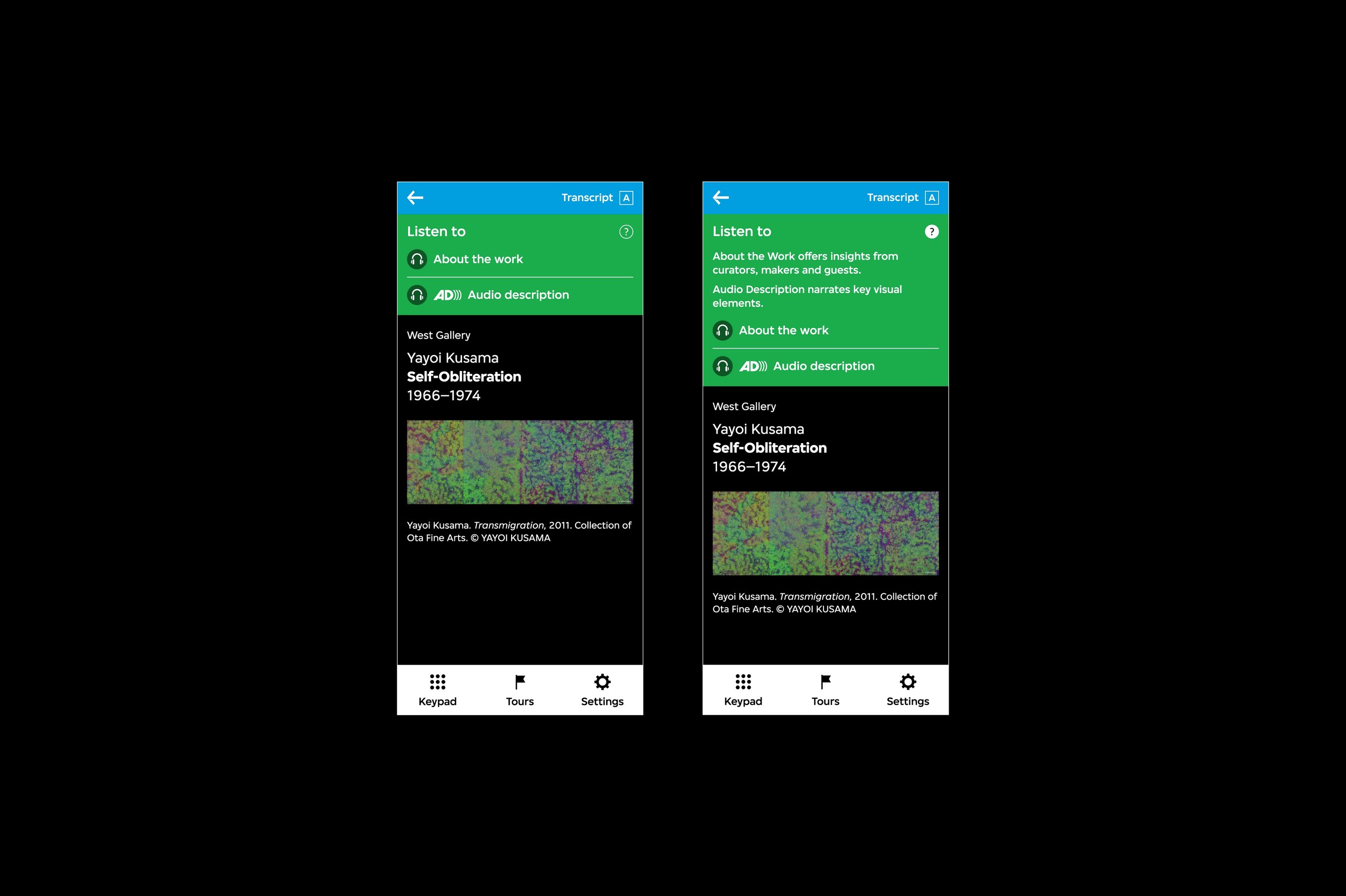 There are two audio guide interfaces. The first interface features a container for the about the work and audio description audio track options, and the second interface features a description of those options.