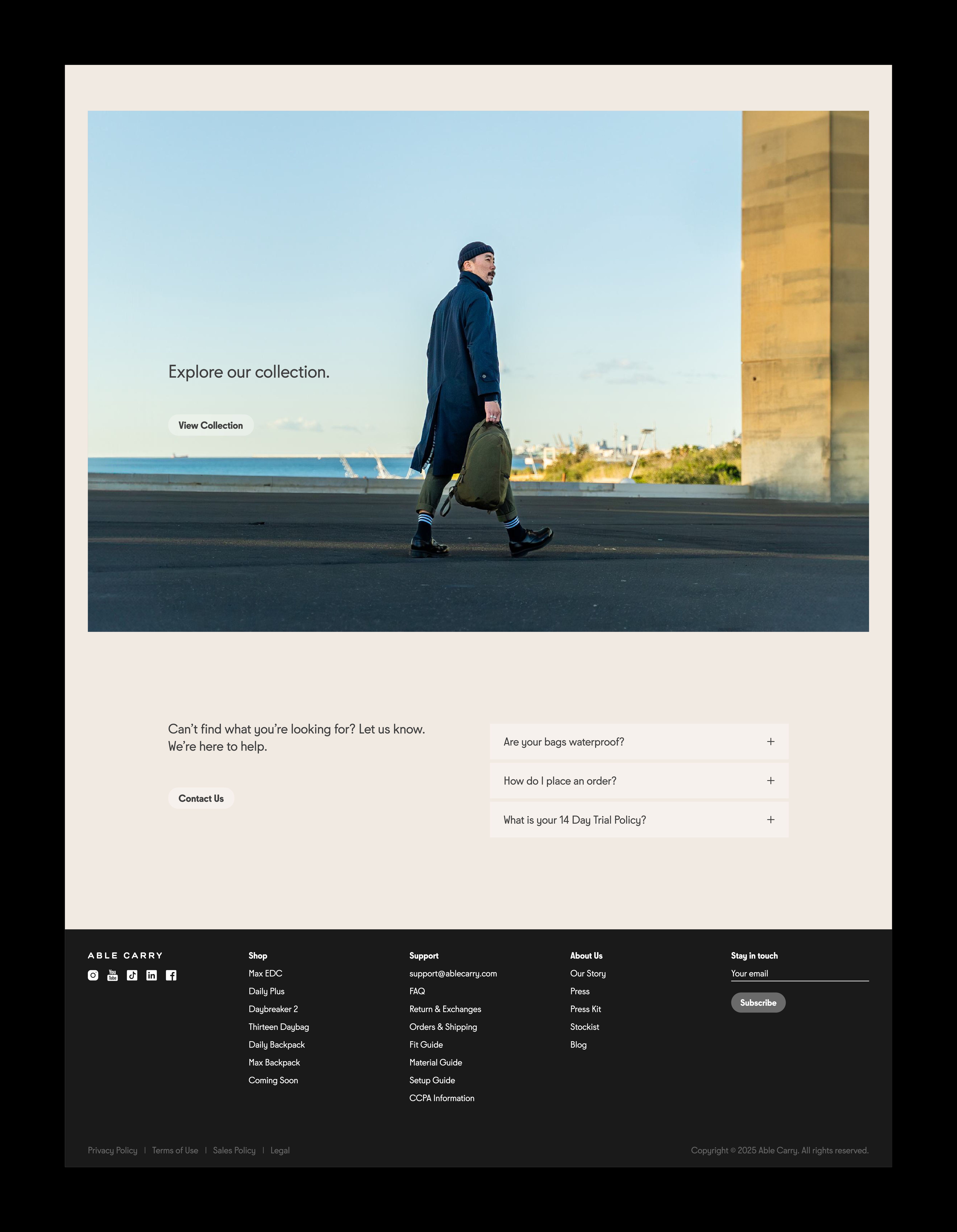 An image featuring Able Carry's homepage customer support section design.