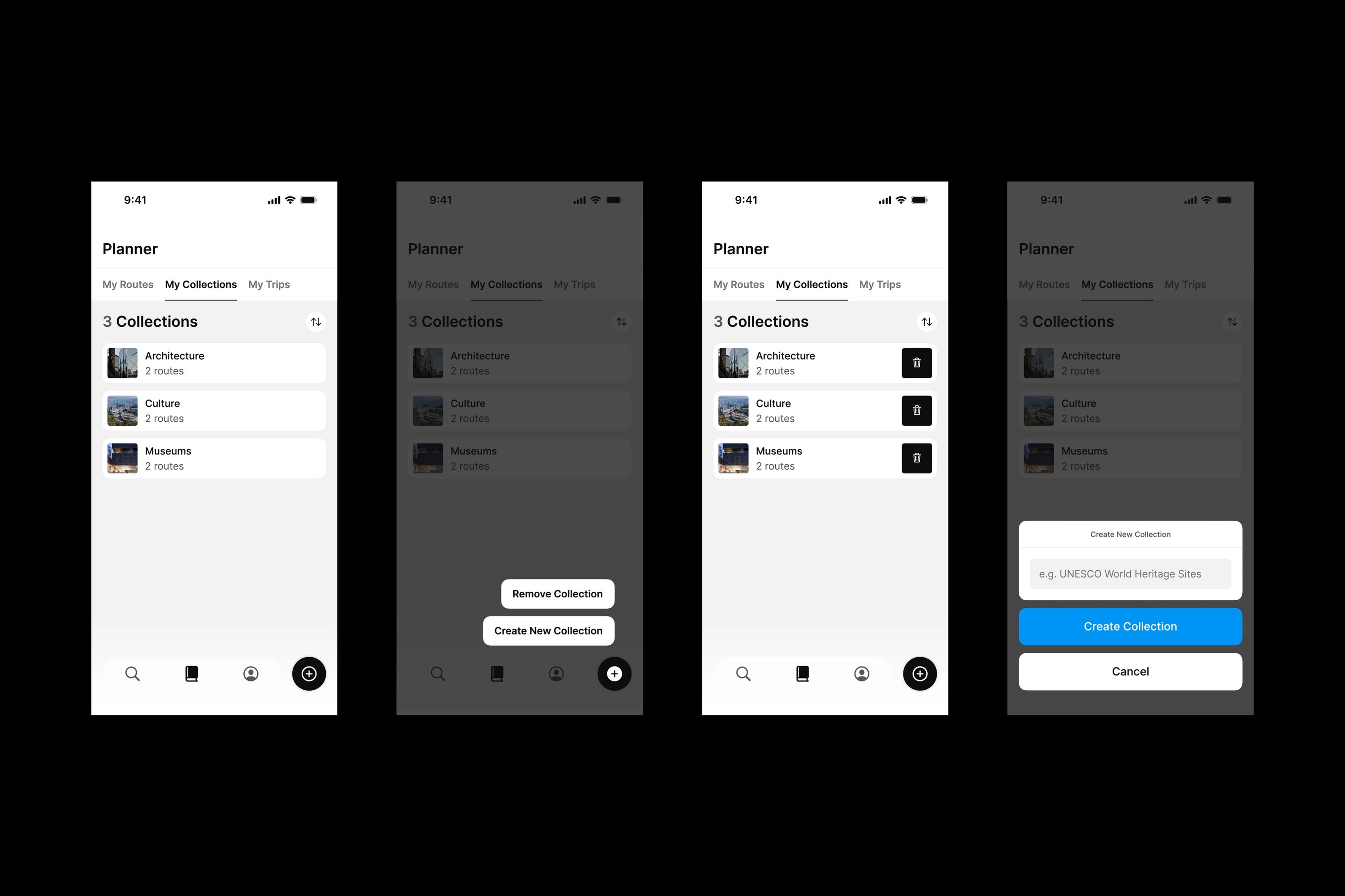 Four designs featuring the Many Road app's collection page under the planner section.