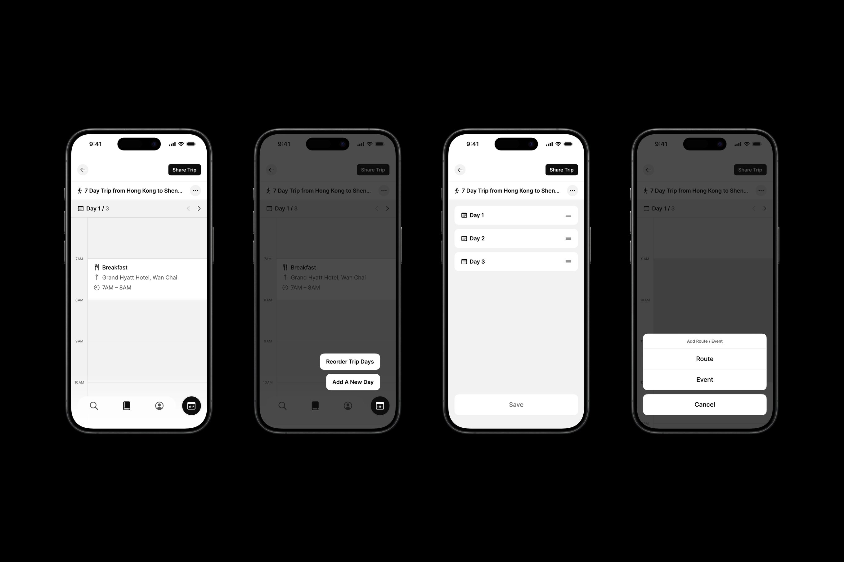 Four iPhone mock ups featuring Many Road's app design.