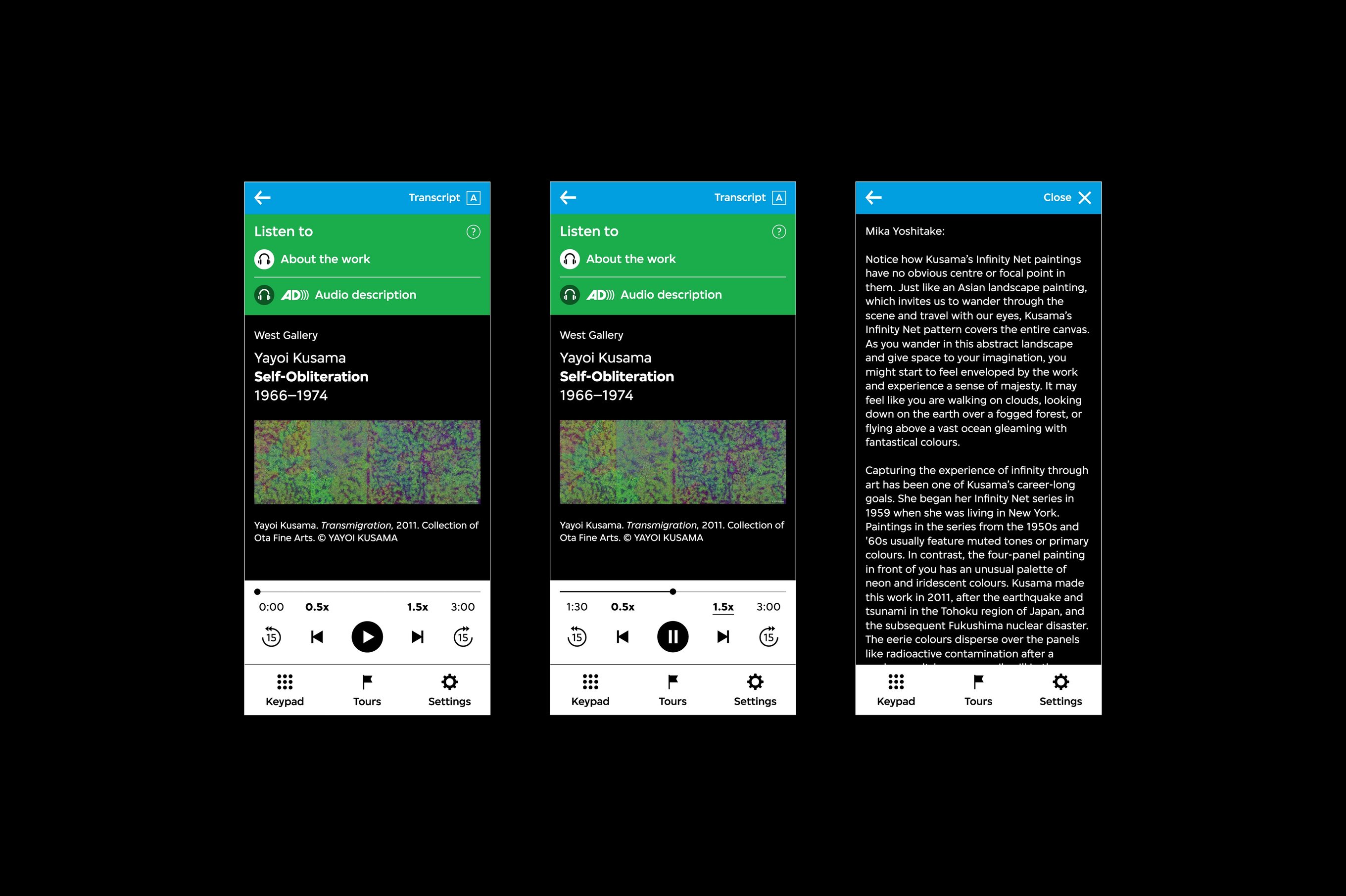 There are three audio guide interfaces. The first and second interface features an activated audio player interface at the bottom of the viewport, and the second interface features an audio track transcript.