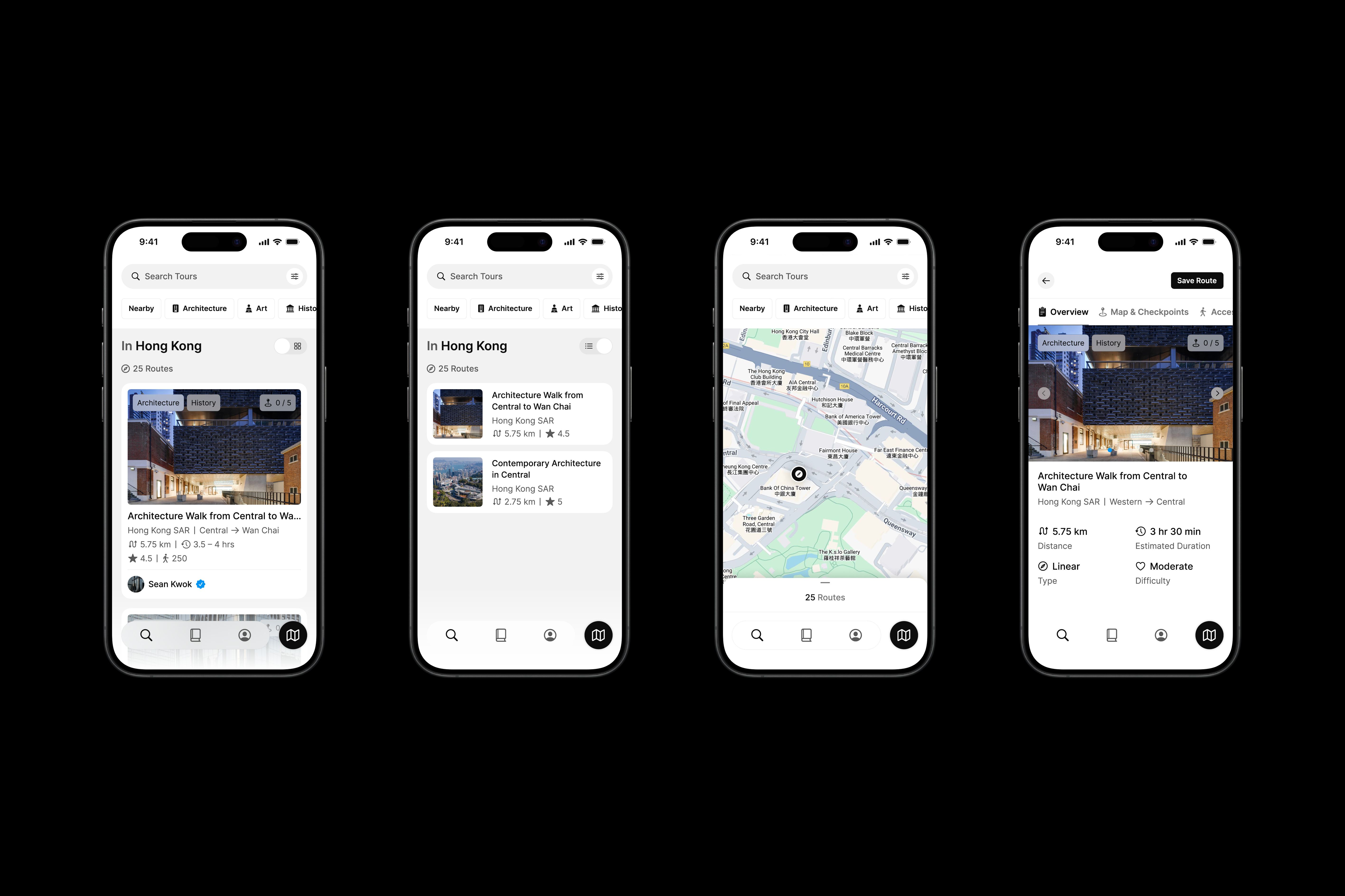 Four iPhone mock ups featuring Many Road's app design.