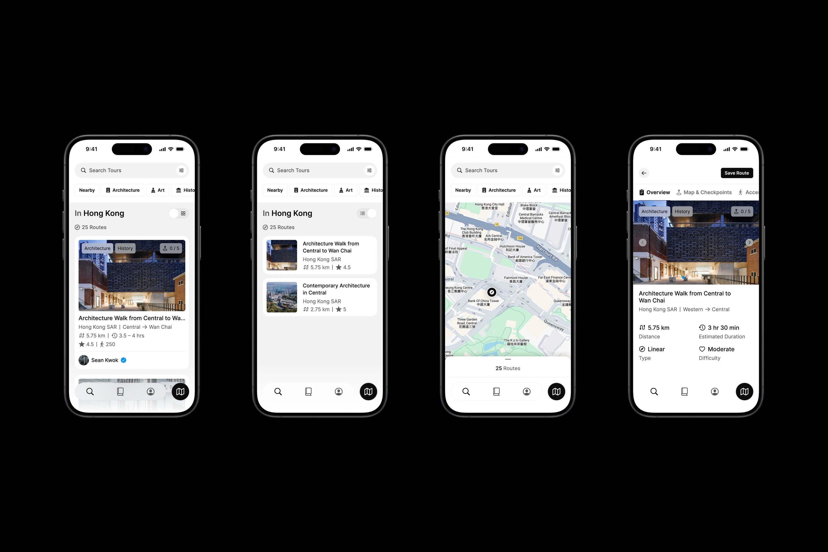 Four iPhone mock ups featuring Many Road's app design.