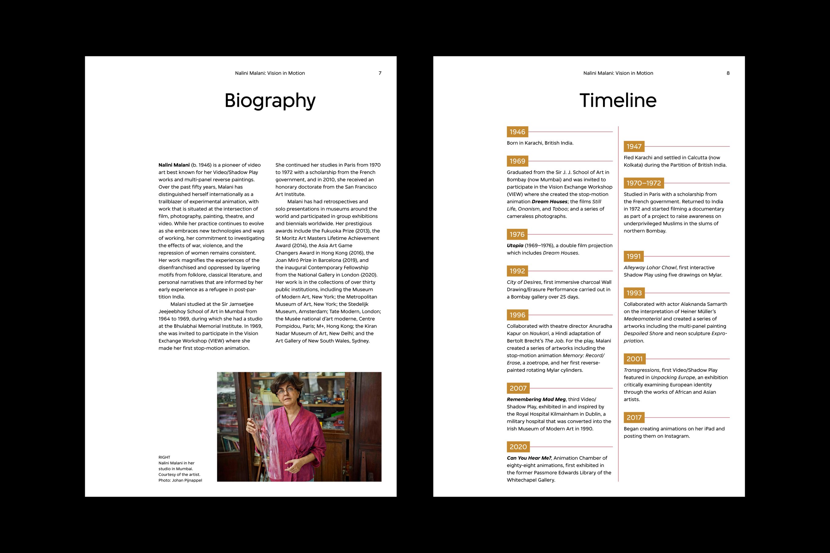 Biography and timeline page designs for the Nalini Malani exhibition brochure.