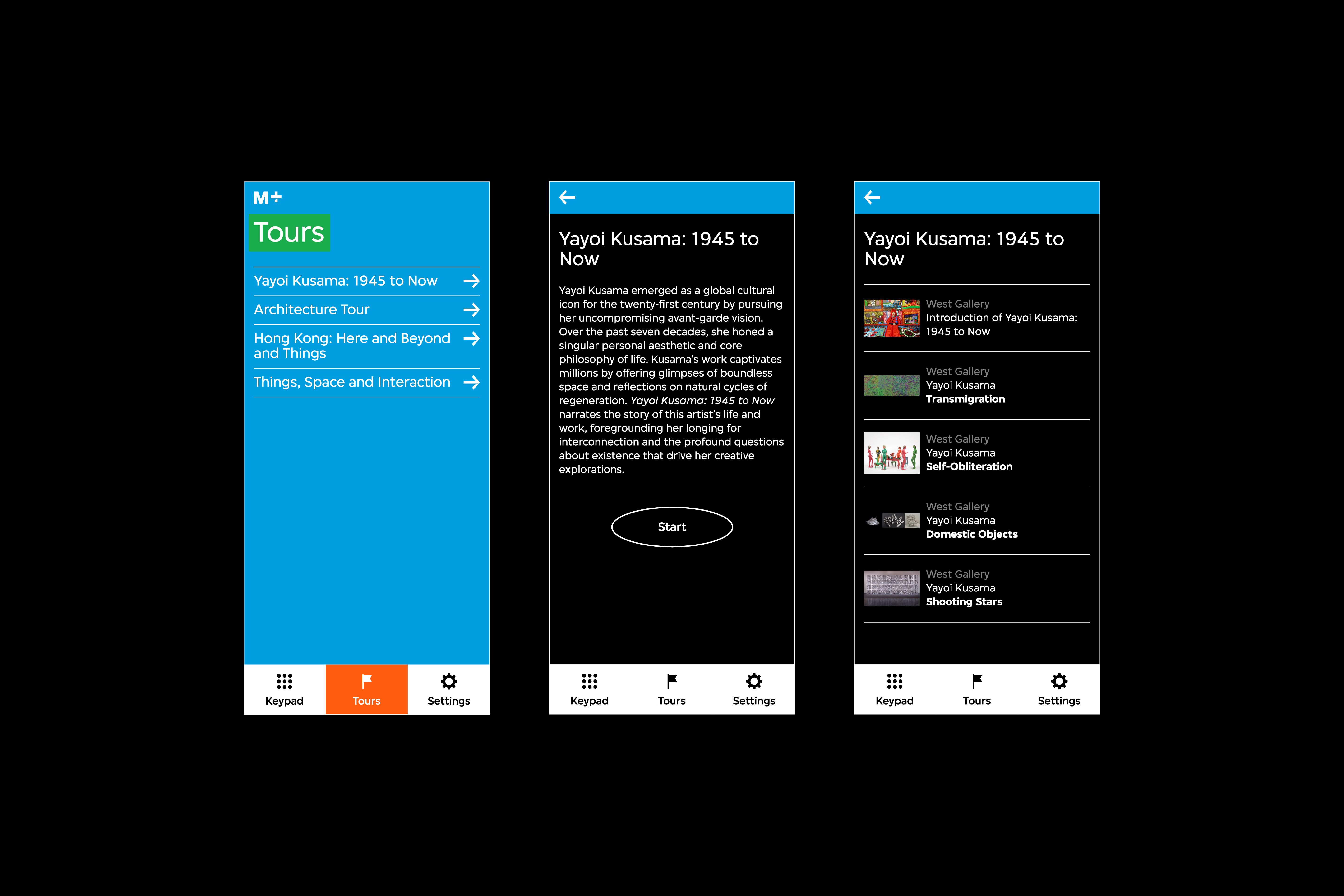 There are three audio guide interfaces. The first interface features the tours overview page. The second interface features the exhibition introduction page, and the third interface features an exhibition overview page.