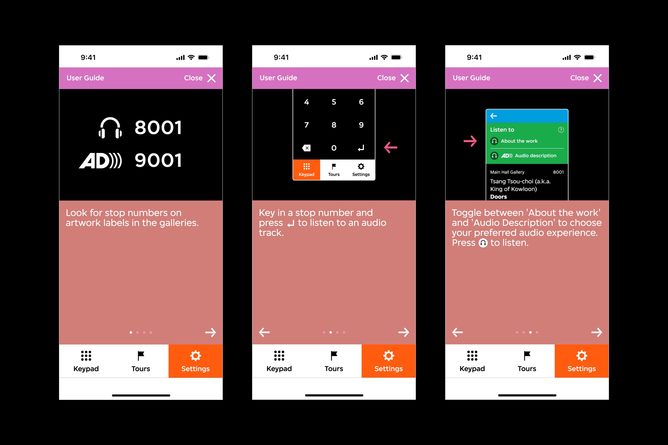 There are three audio guide interfaces. Each interface features an illustration that instructs a user of the audio guide's function, such as audio stop numbers, the keypad, and the ability to toggle between two audio tracks. 