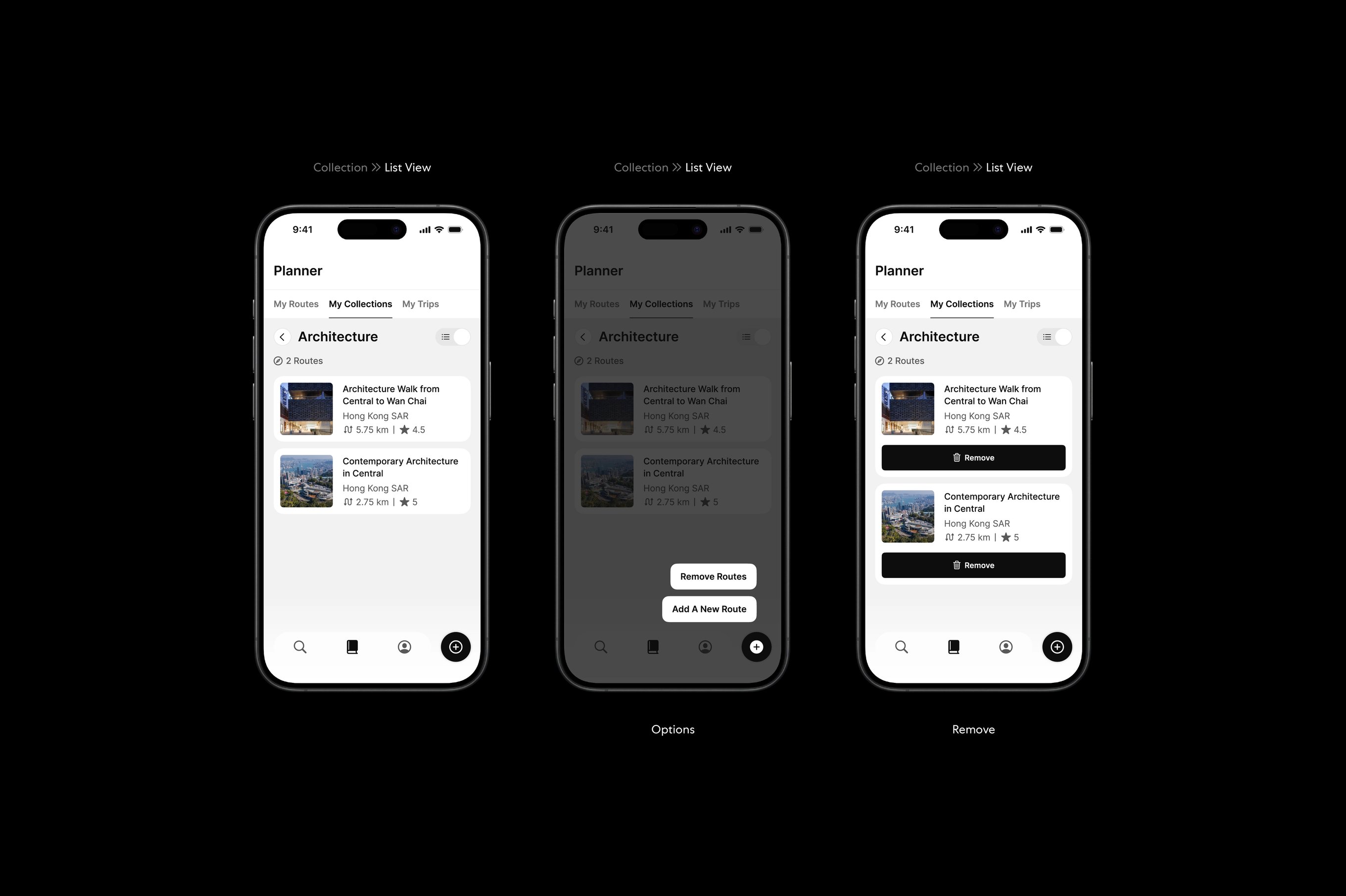 Four designs featuring the Many Road app's collection page under the planner section.