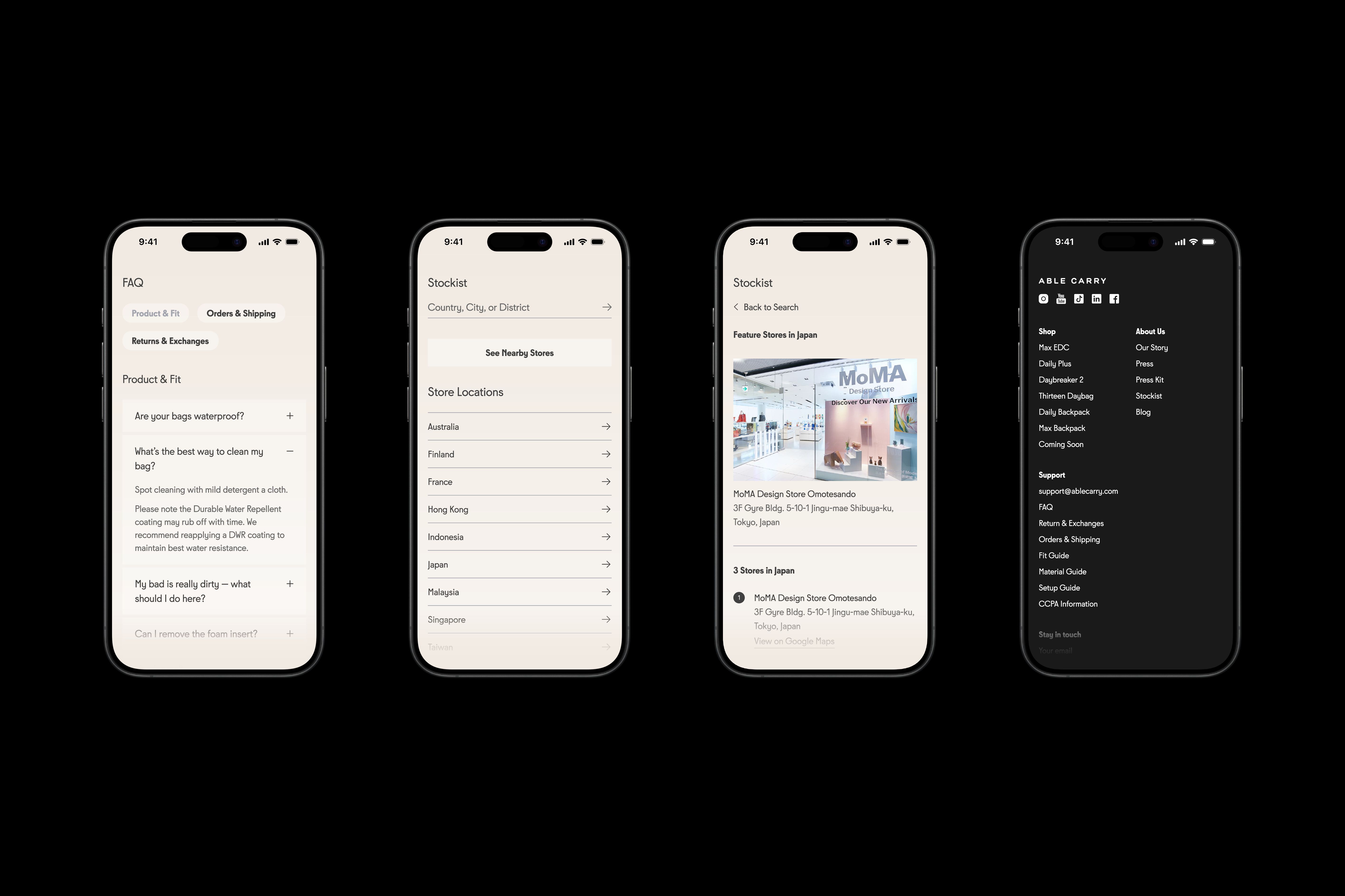 Four iPhones featuring the Able Carry's website design.