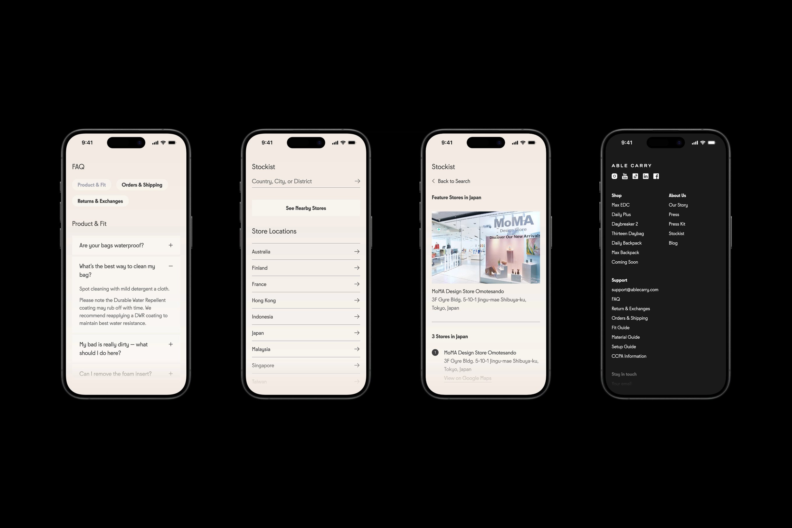 Four iPhones featuring the Able Carry's website design.