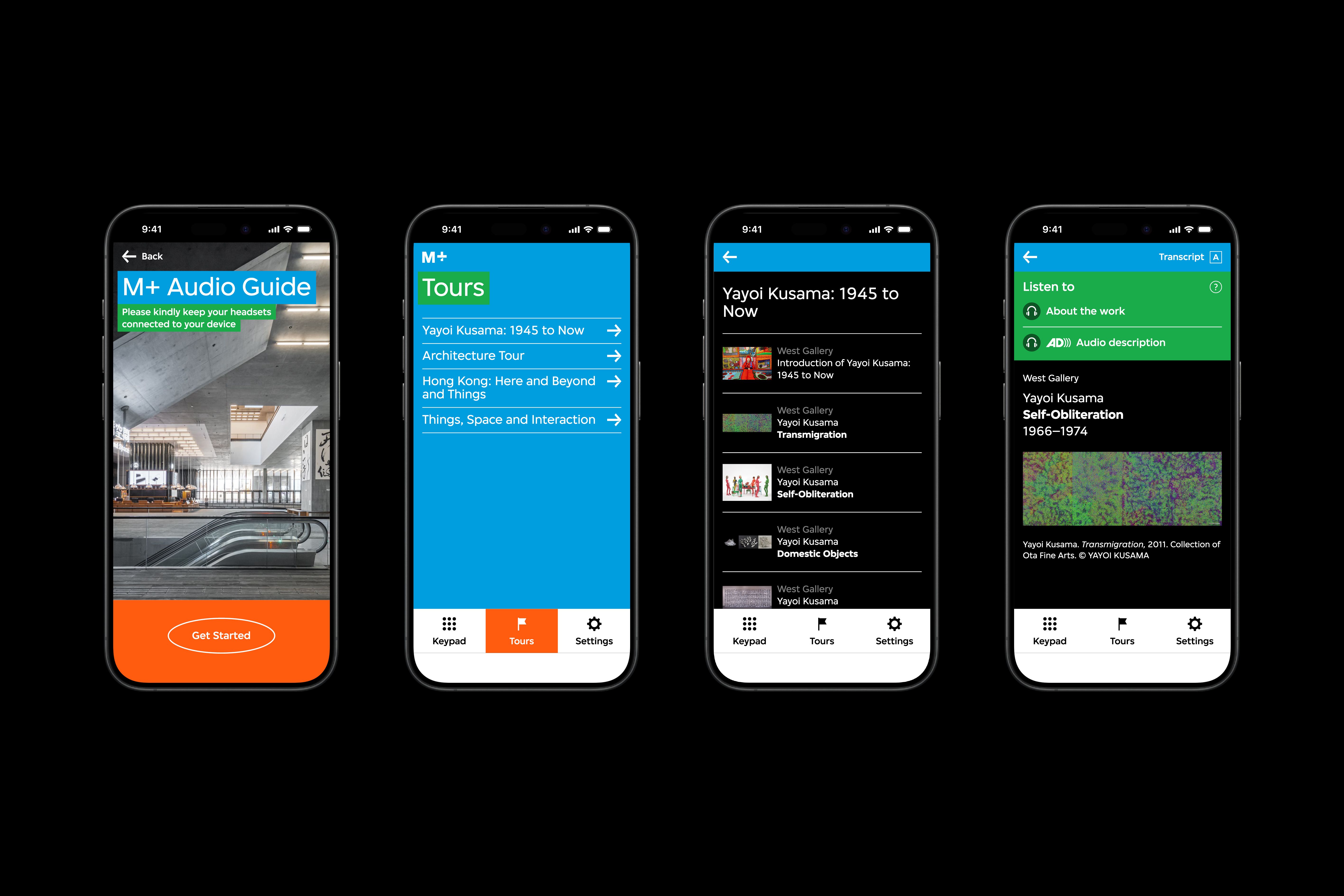 There are four audio guide interfaces. The first interface features the start-up page with three options. The second interface features the tours overview page, the third interface features the artwork page, and the fourth interface features the about the artwork page..