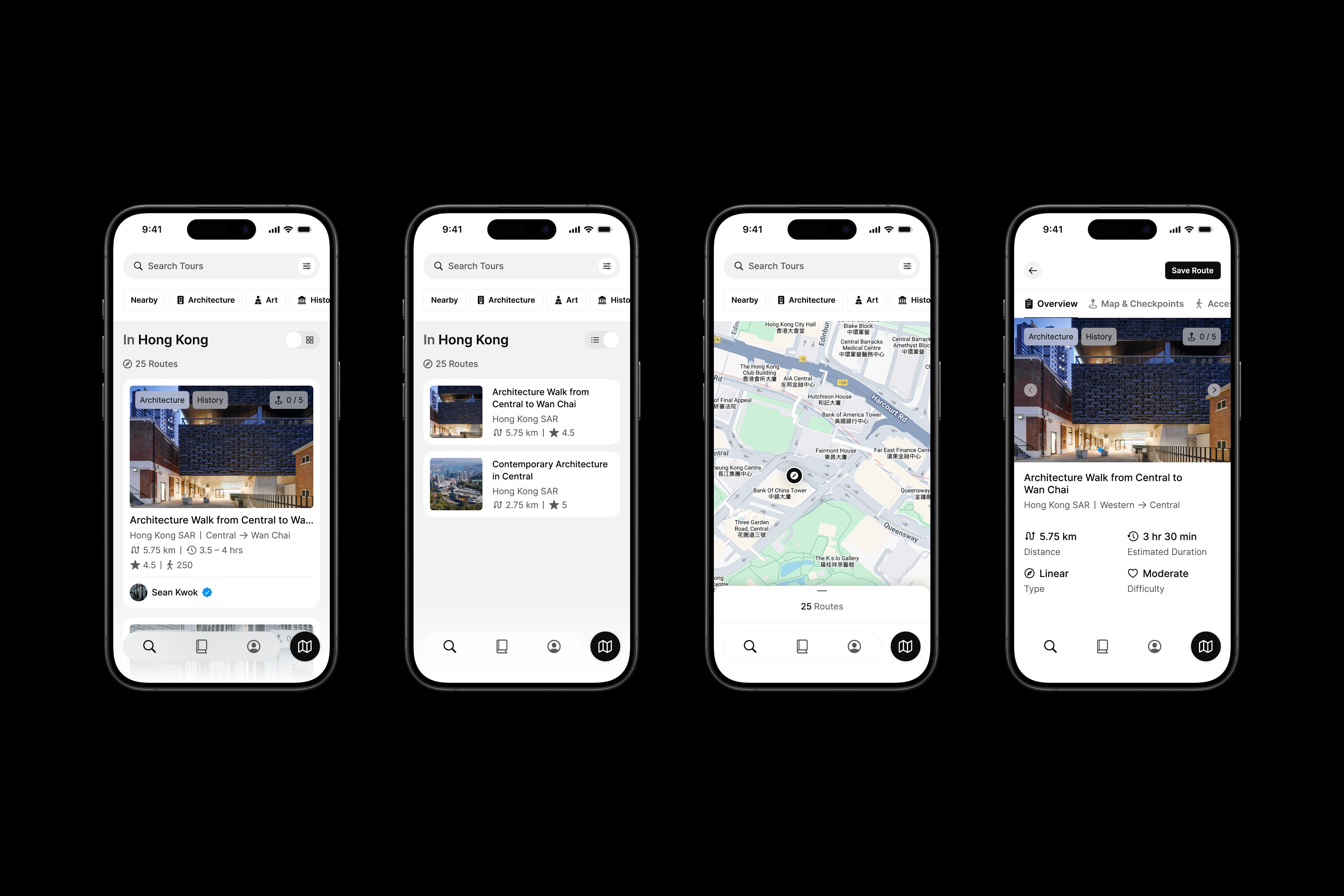 Four iPhone mock ups featuring Many Road's app design.