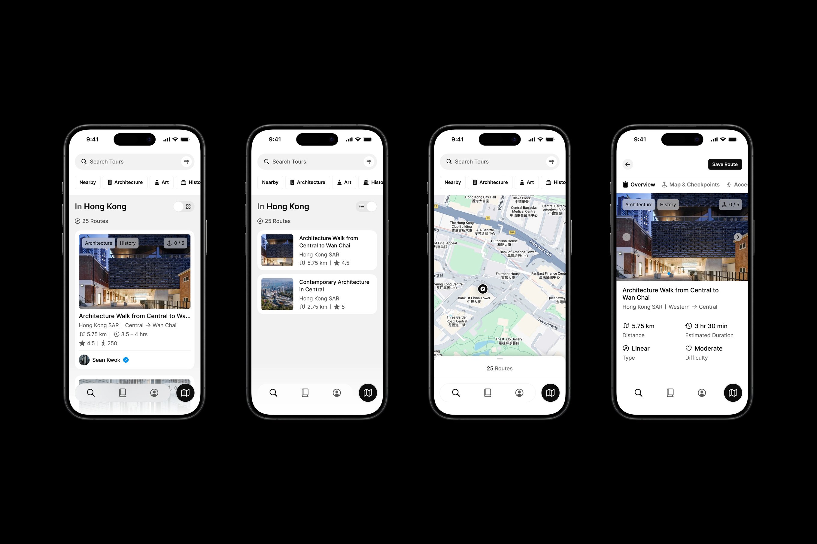 Four iPhone mock ups featuring Many Road's app design.