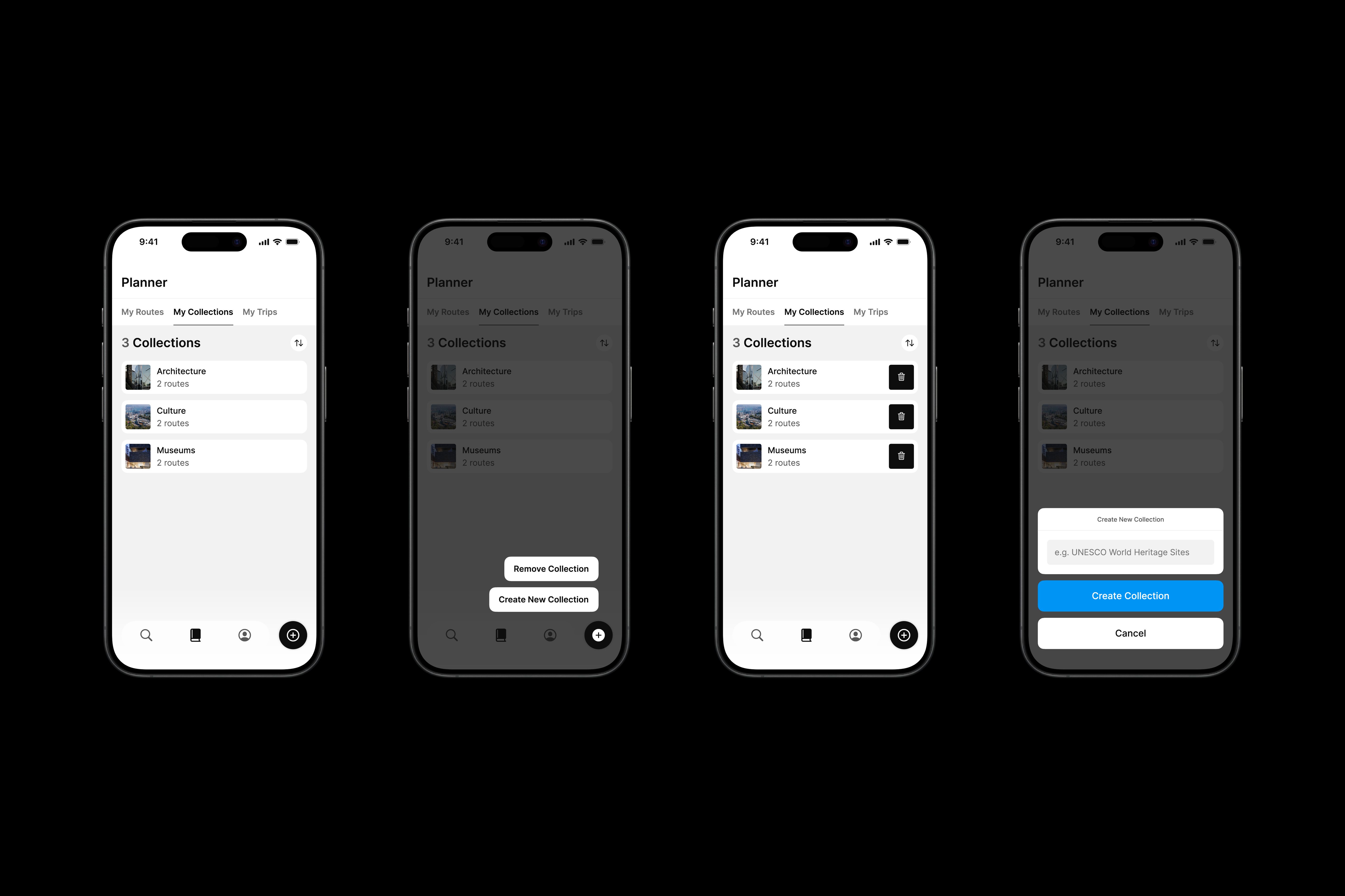 Four iPhone mock ups featuring Many Road's app design.