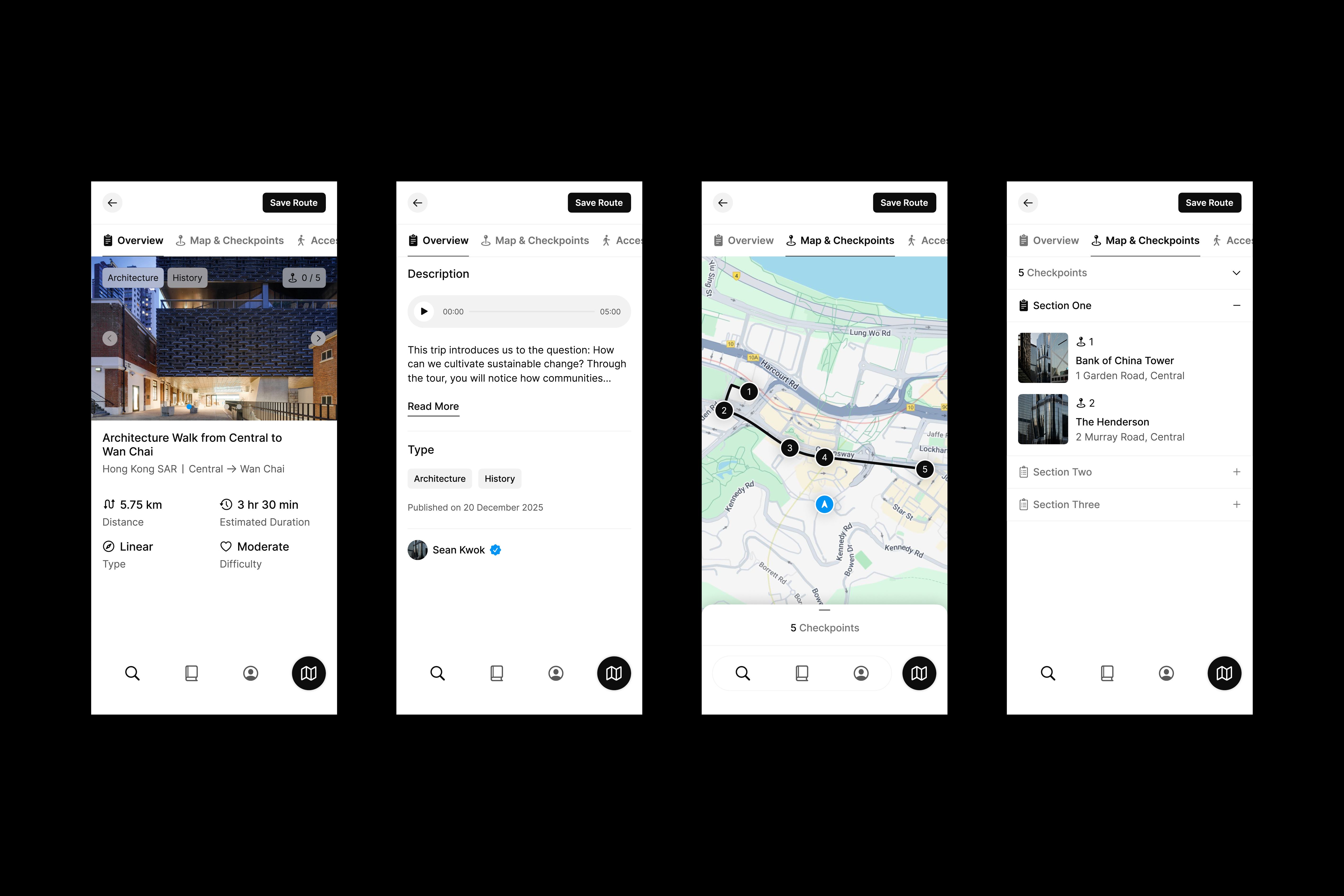 Four designs featuring the Many Road app's route details page.