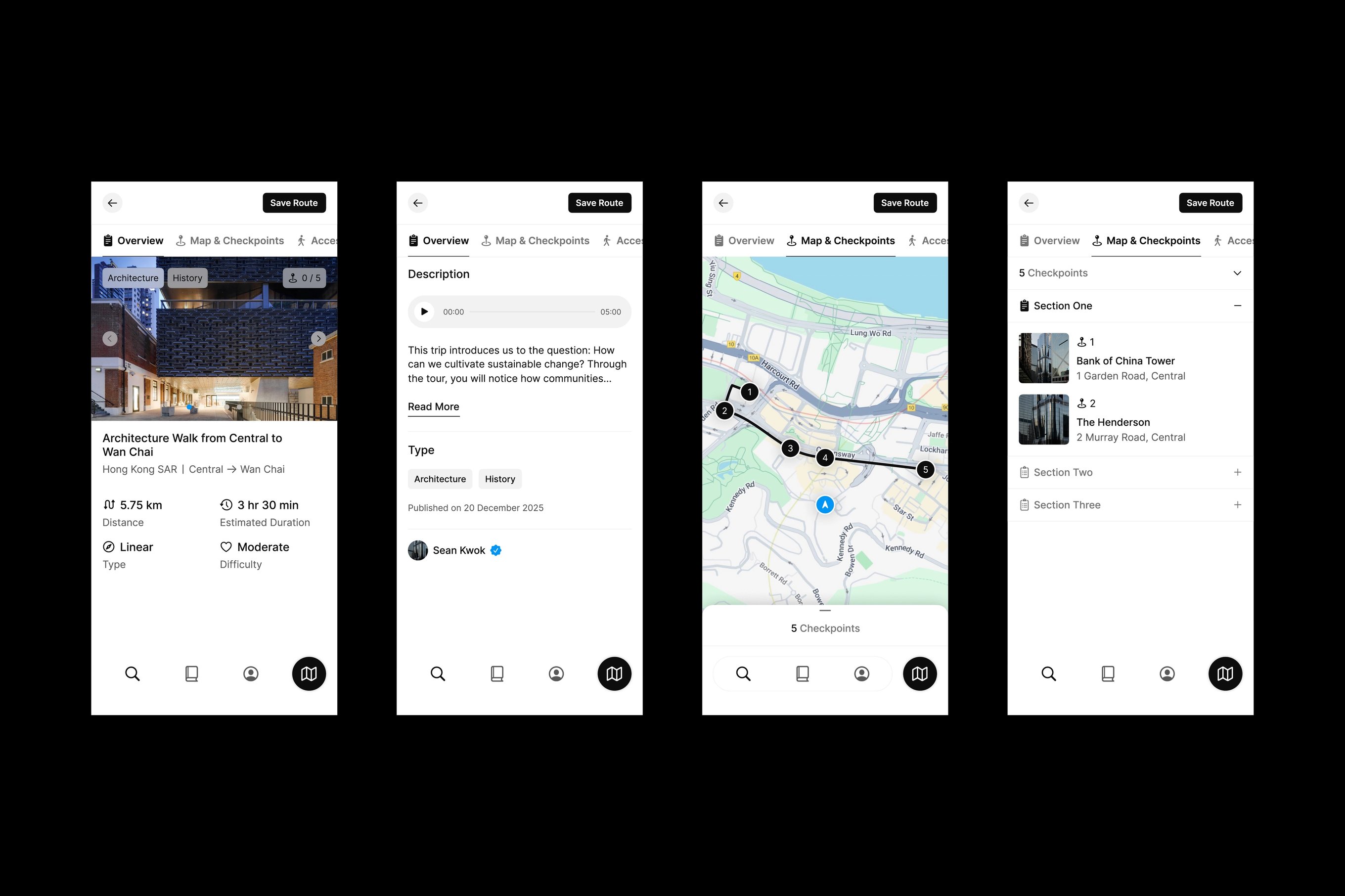 Four designs featuring the Many Road app's route details page.
