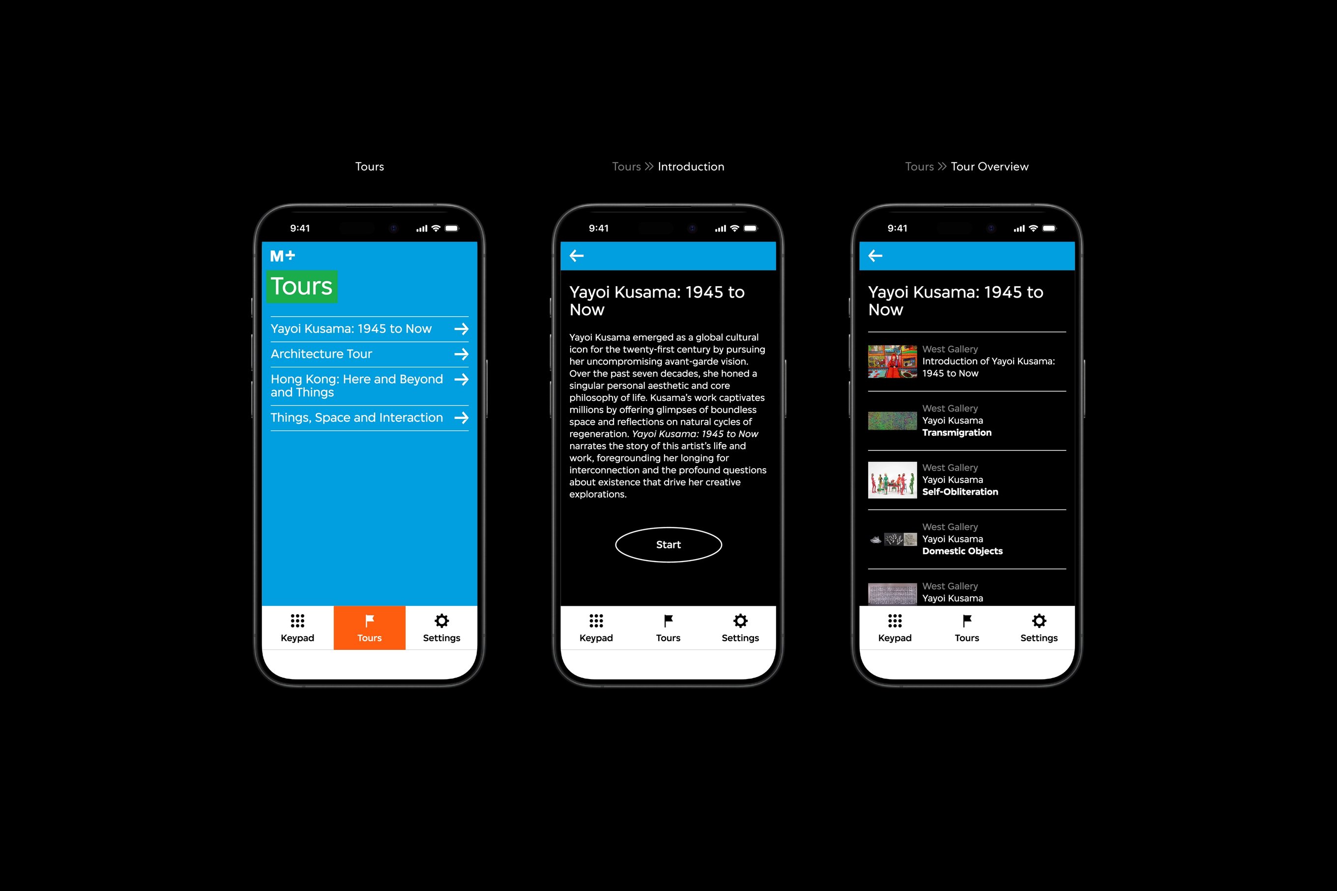 There are three audio guide interfaces. The first interface features the tours overview page. The second interface features the exhibition introduction page, and the third interface features an exhibition overview page.