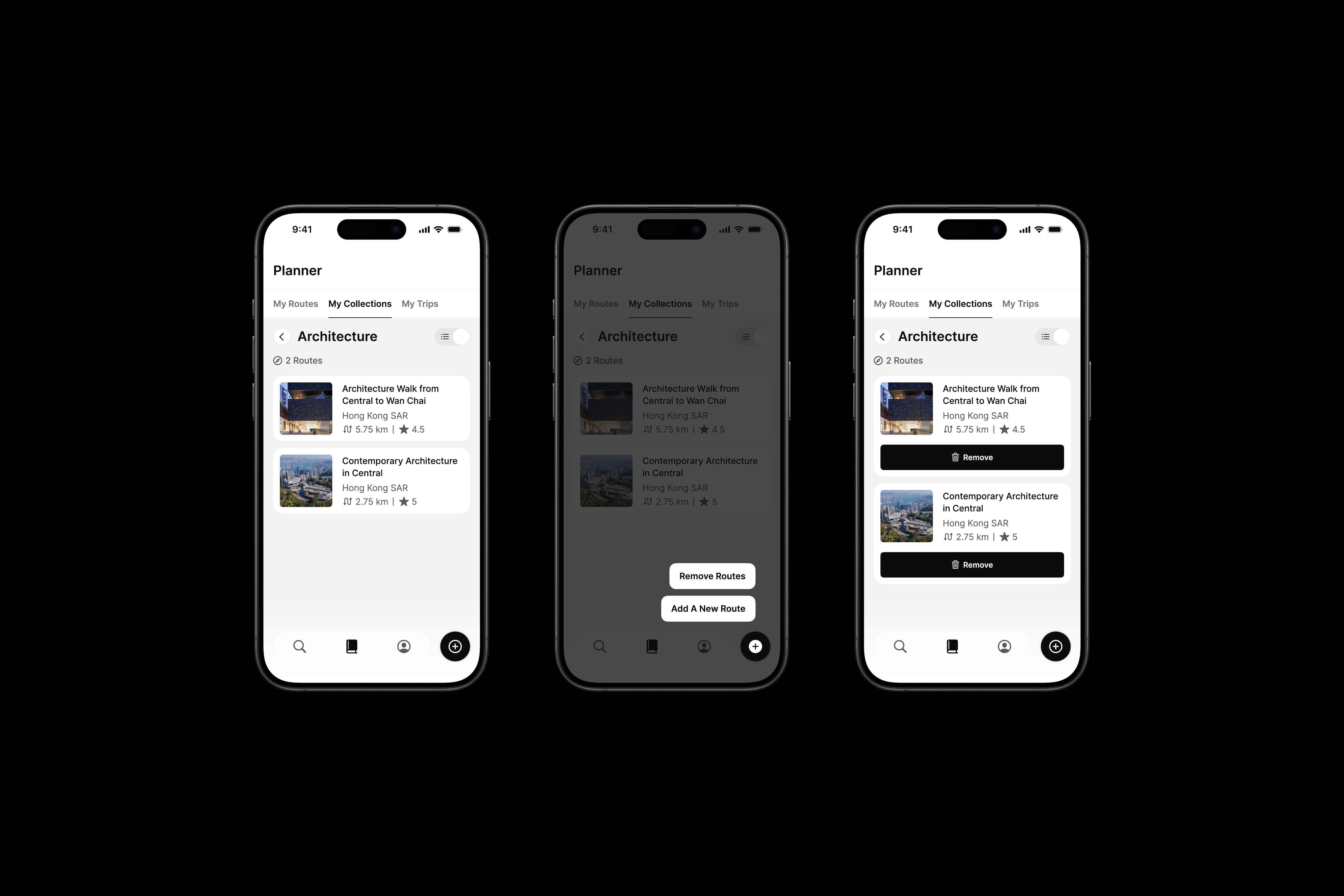 Three iPhone mock ups featuring Many Road's app design.