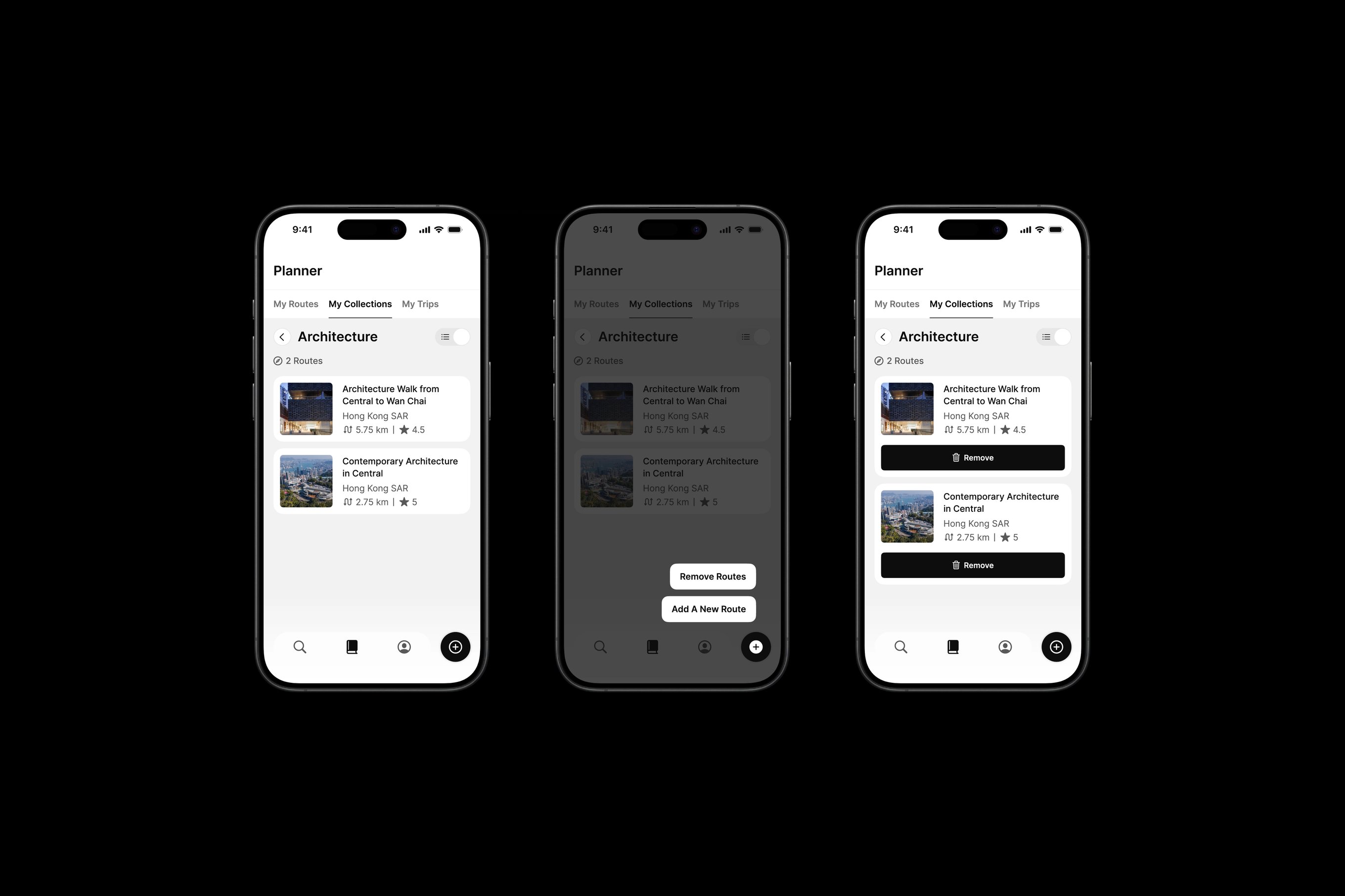 Three iPhone mock ups featuring Many Road's app design.