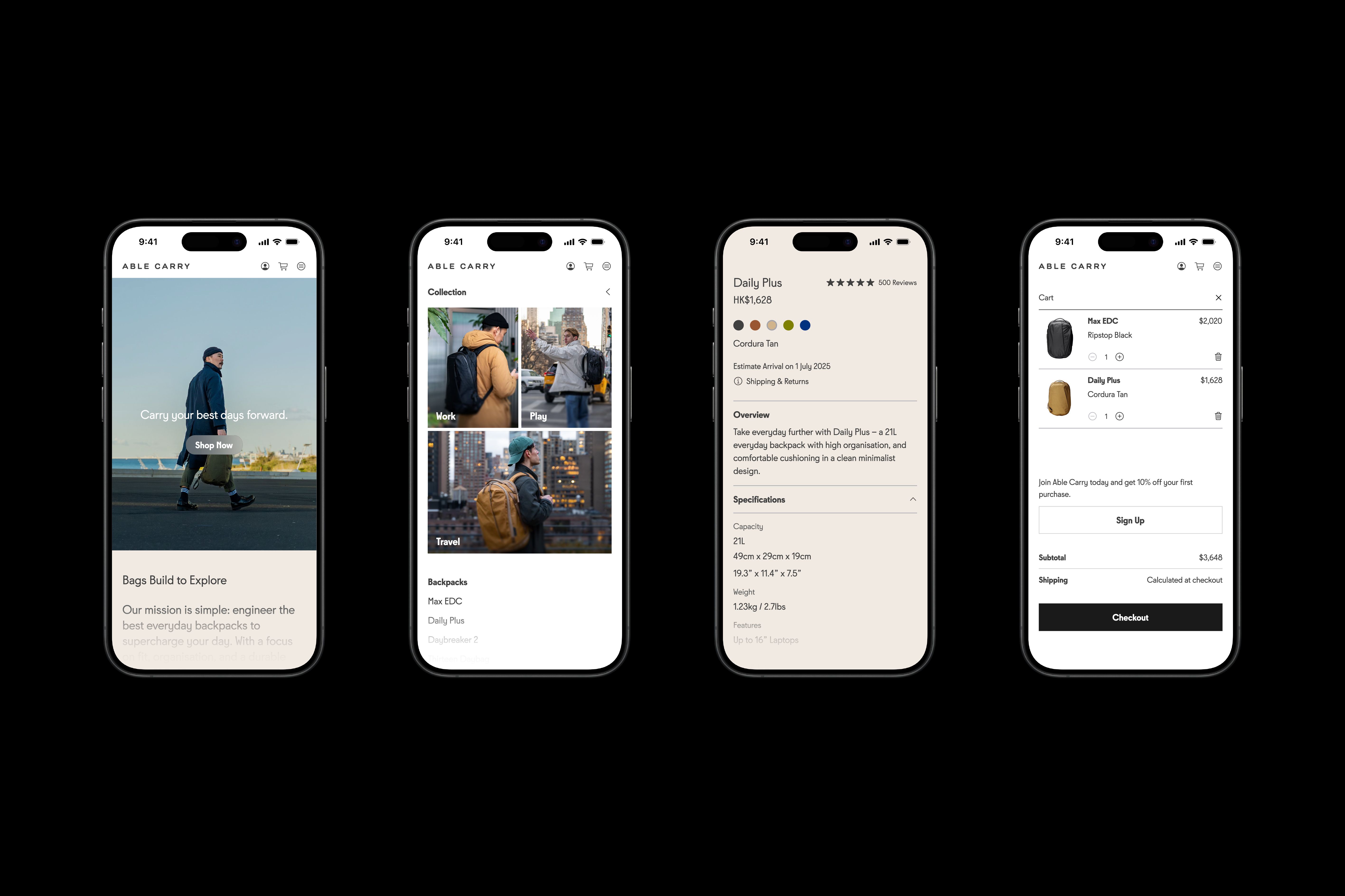 Four iPhones featuring the Able Carry's website design.