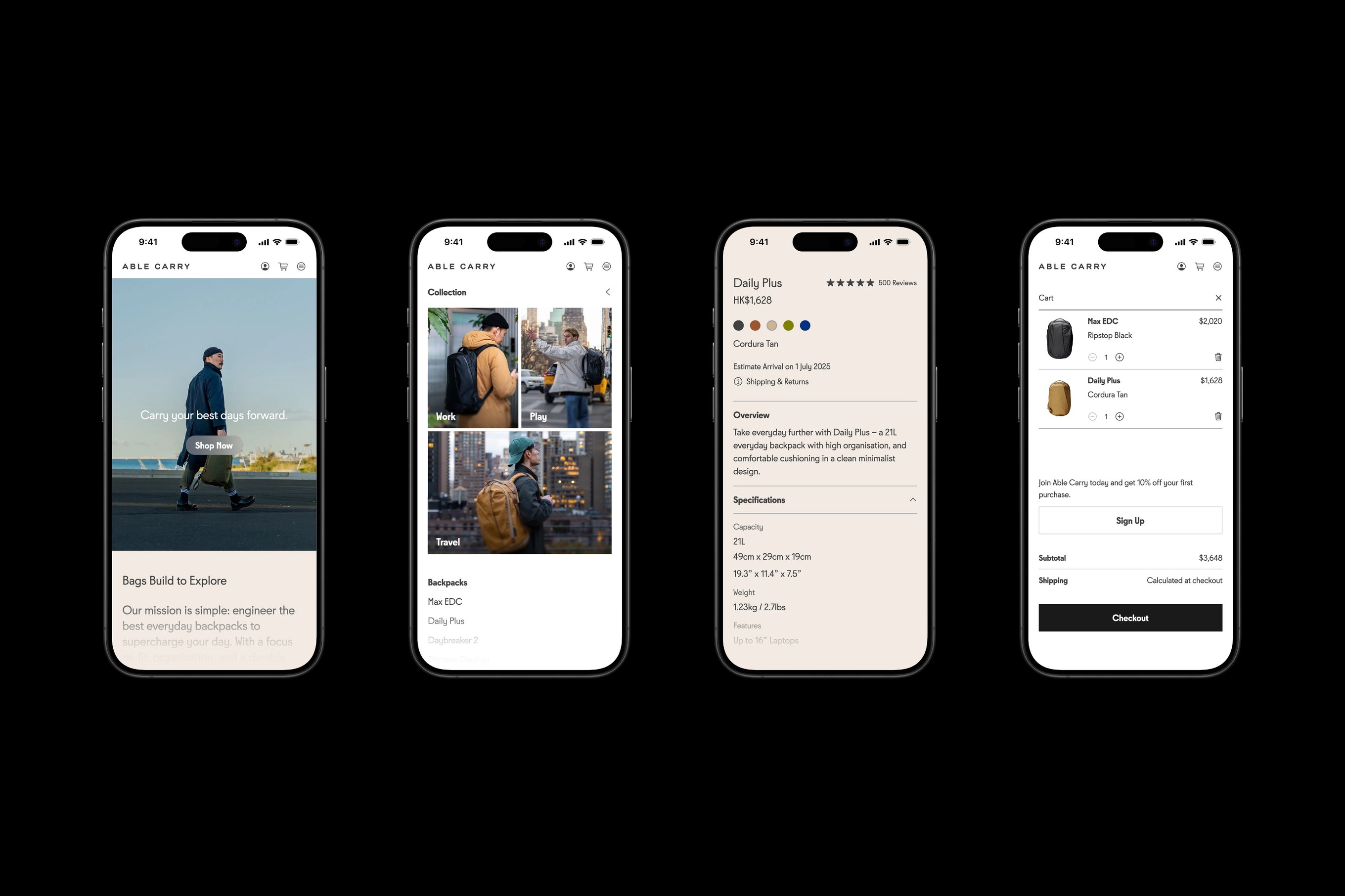 Four iPhones featuring the Able Carry's website design.