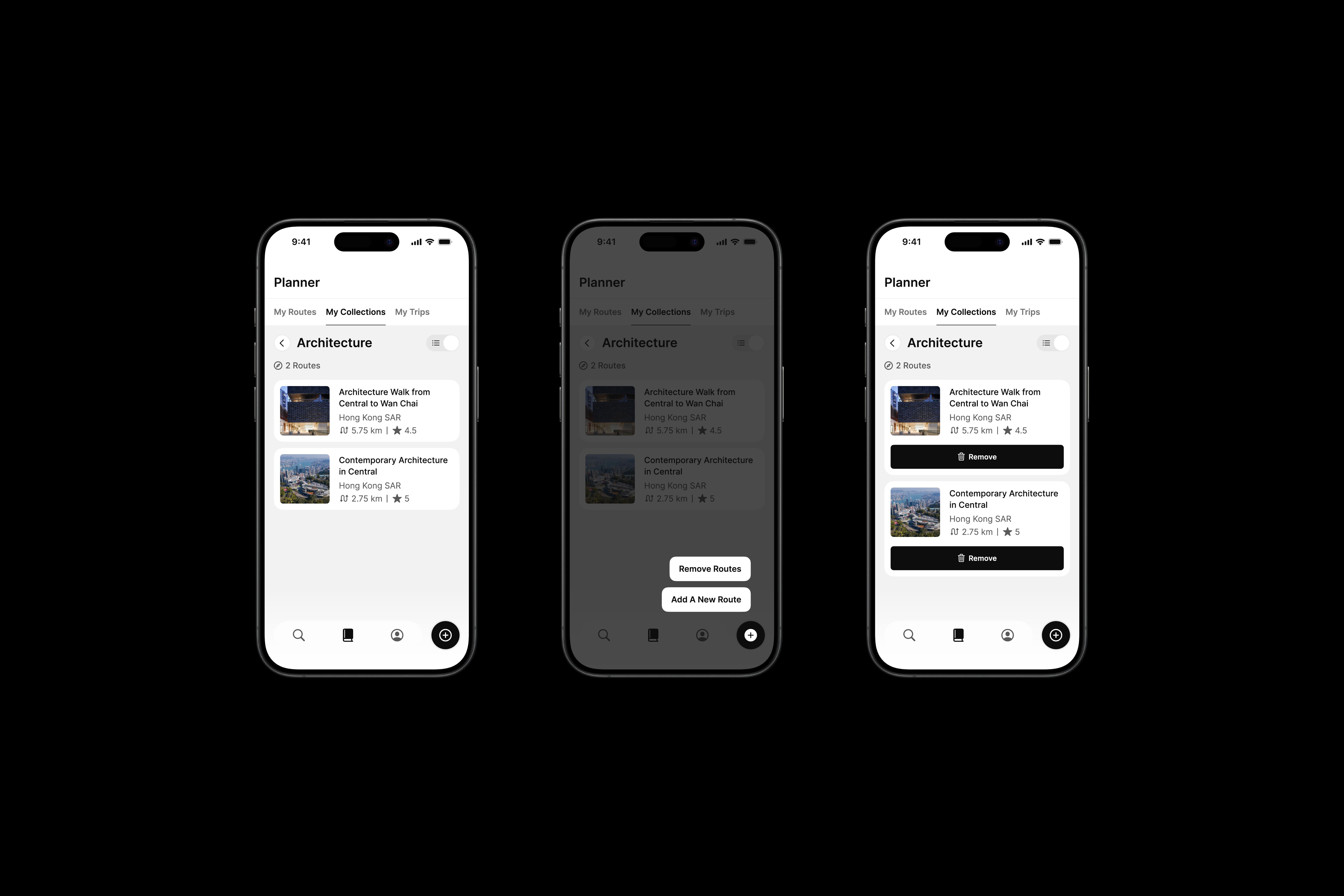 Three iPhone mock ups featuring Many Road's app design.