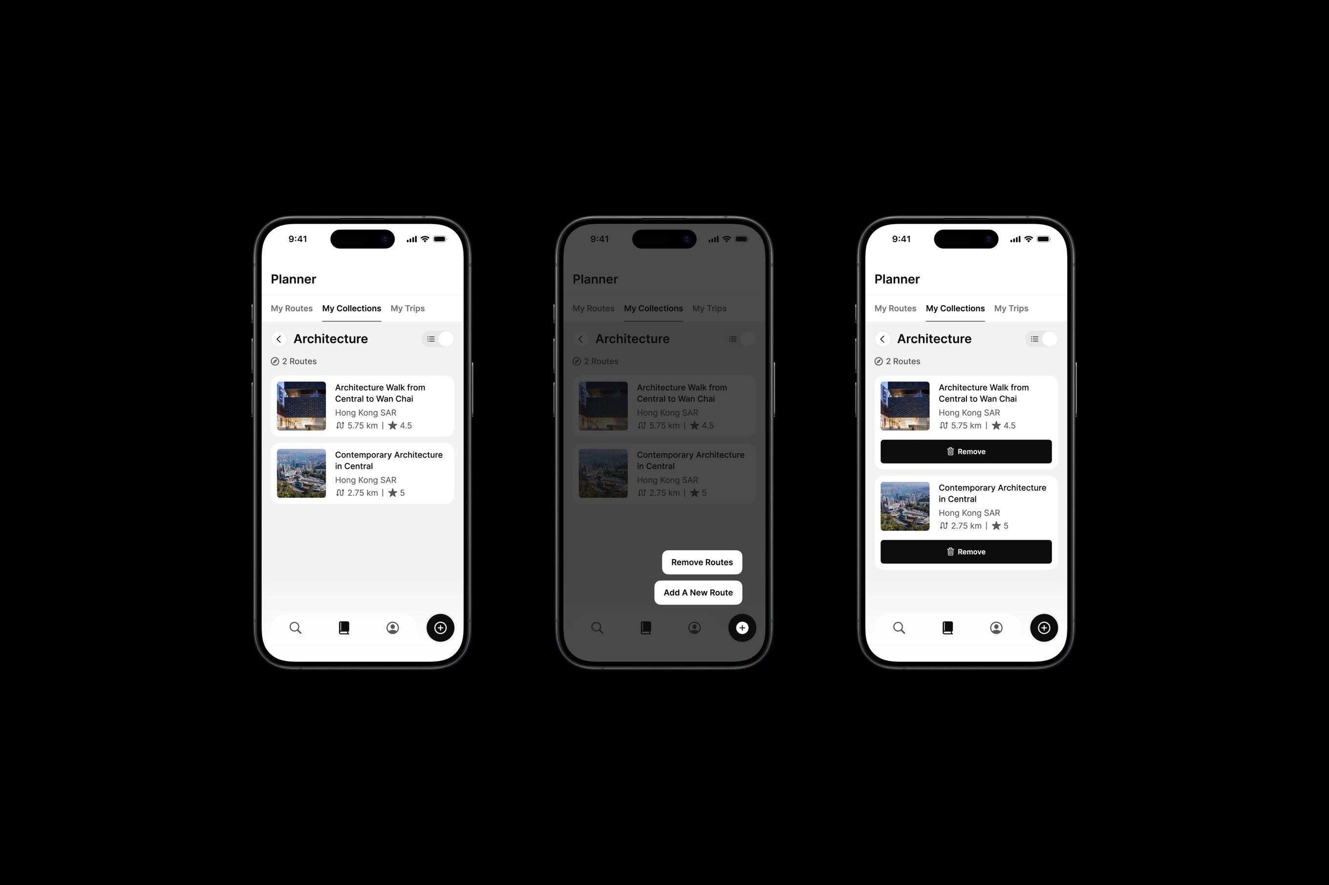 Three iPhone mock ups featuring Many Road's app design.