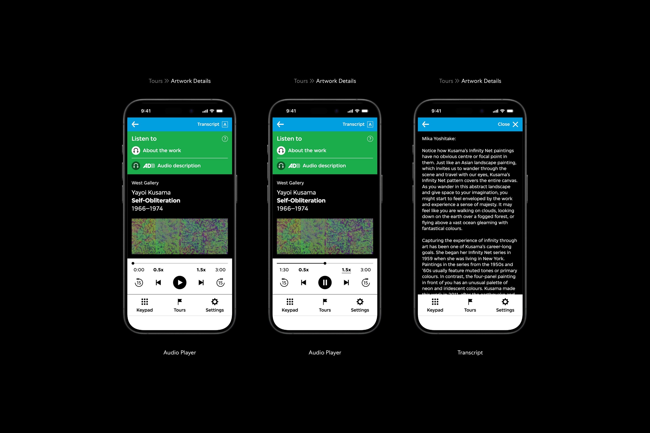 There are three audio guide interfaces. The first and second interface features an activated audio player interface at the bottom of the viewport, and the second interface features an audio track transcript.