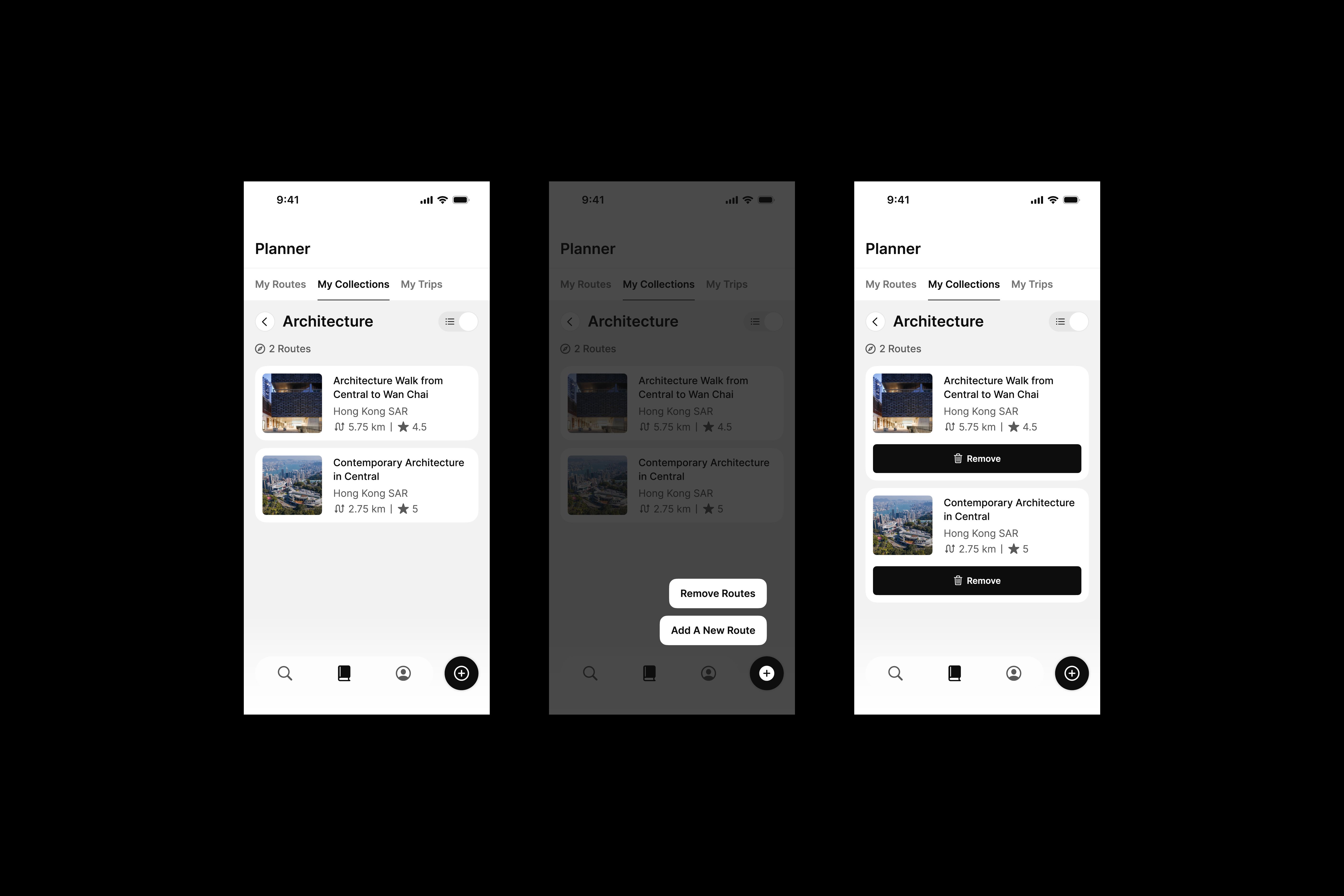 Four designs featuring the Many Road app's collection page under the planner section.