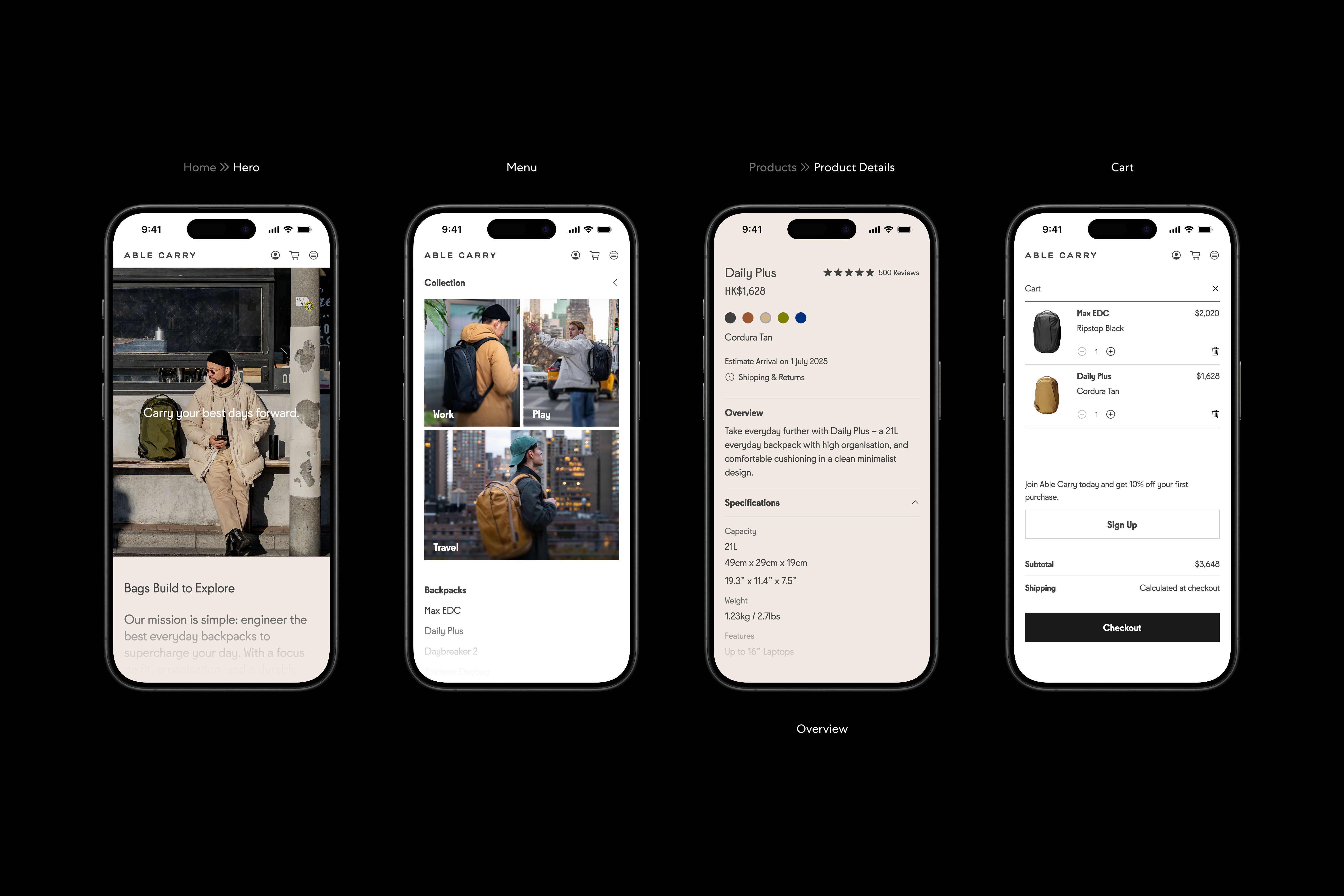 Four iPhones featuring the Able Carry's website design.