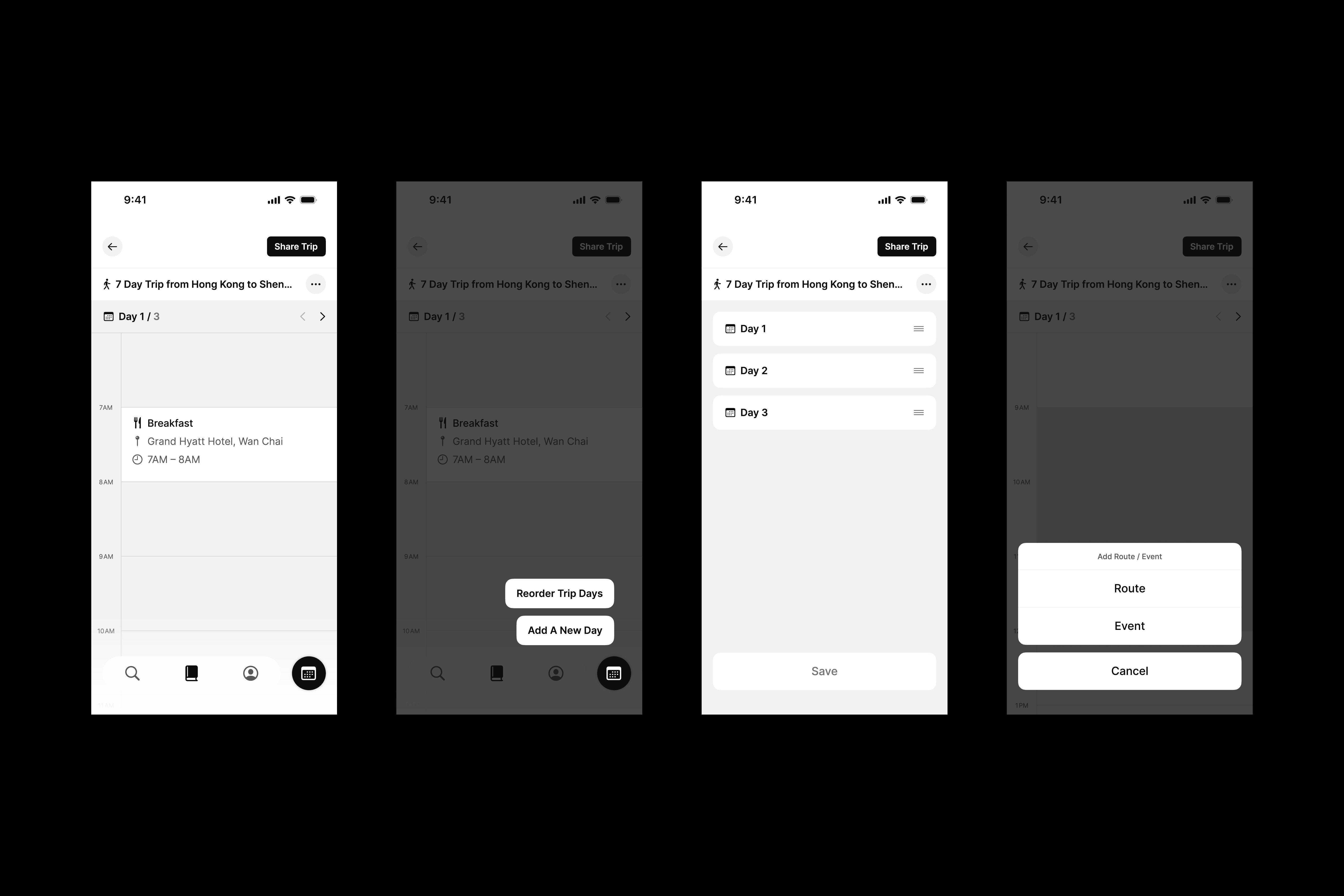 Four designs featuring the Many Road app's schedule page under the planner section.
