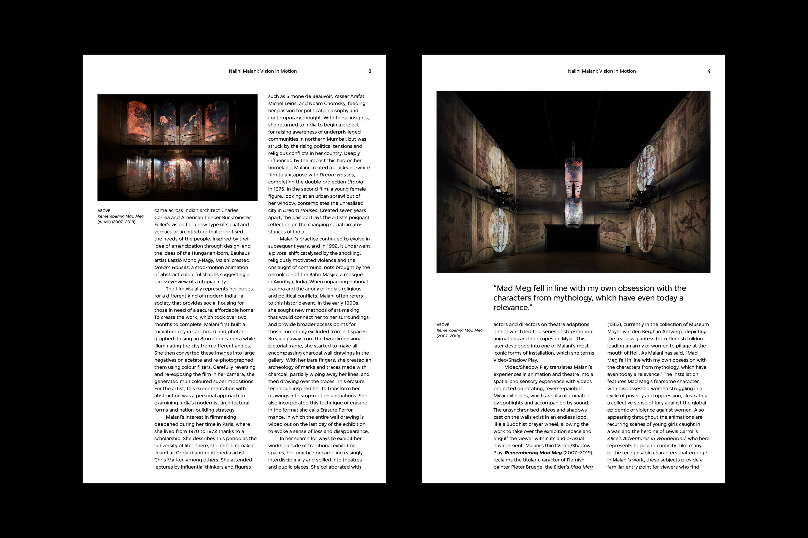 Essay page designs for the Nalini Malani exhibition brochure with images, captions, and pull quotes.