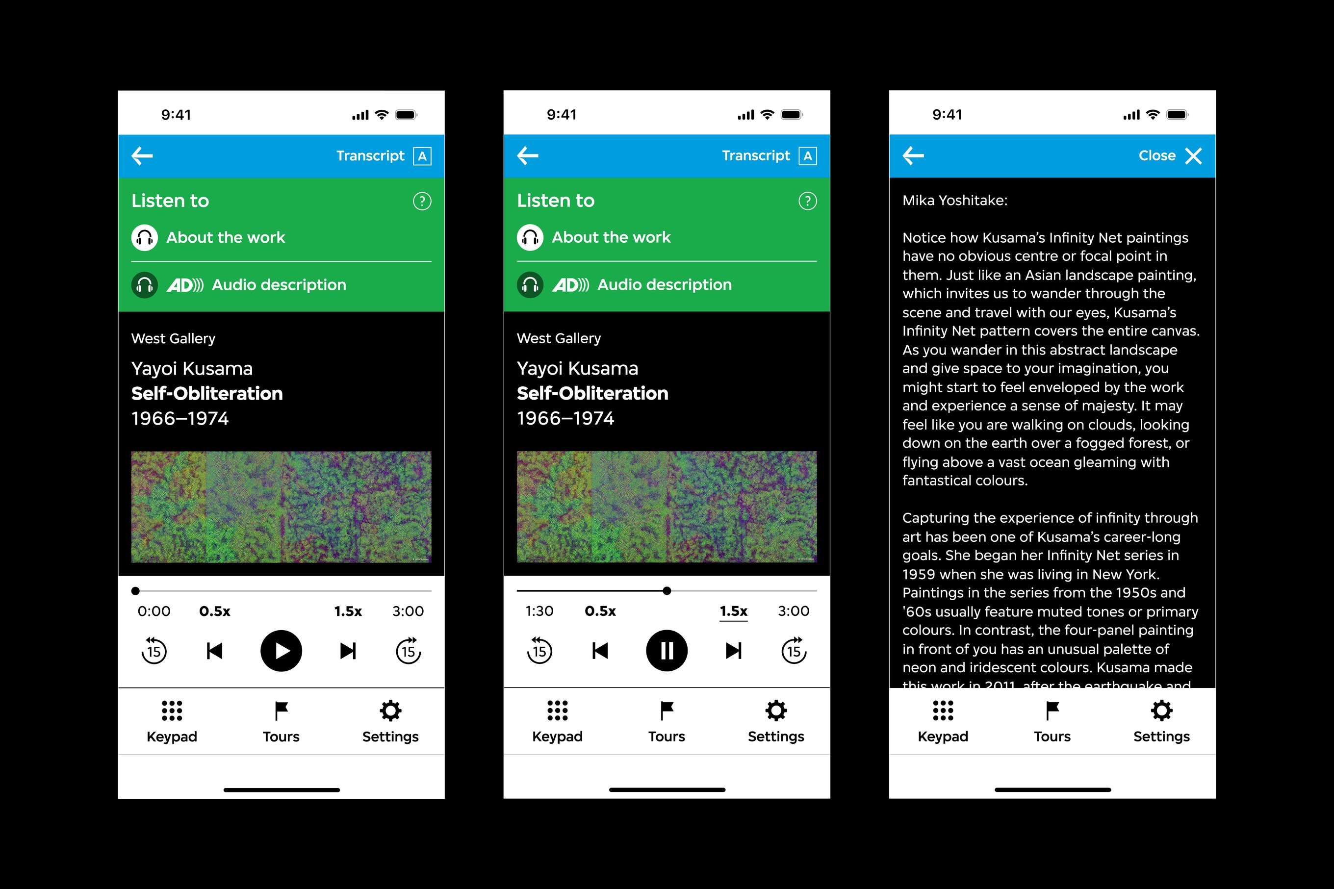 There are three audio guide interfaces. The first and second interface features an activated audio player interface at the bottom of the viewport, and the second interface features an audio track transcript.