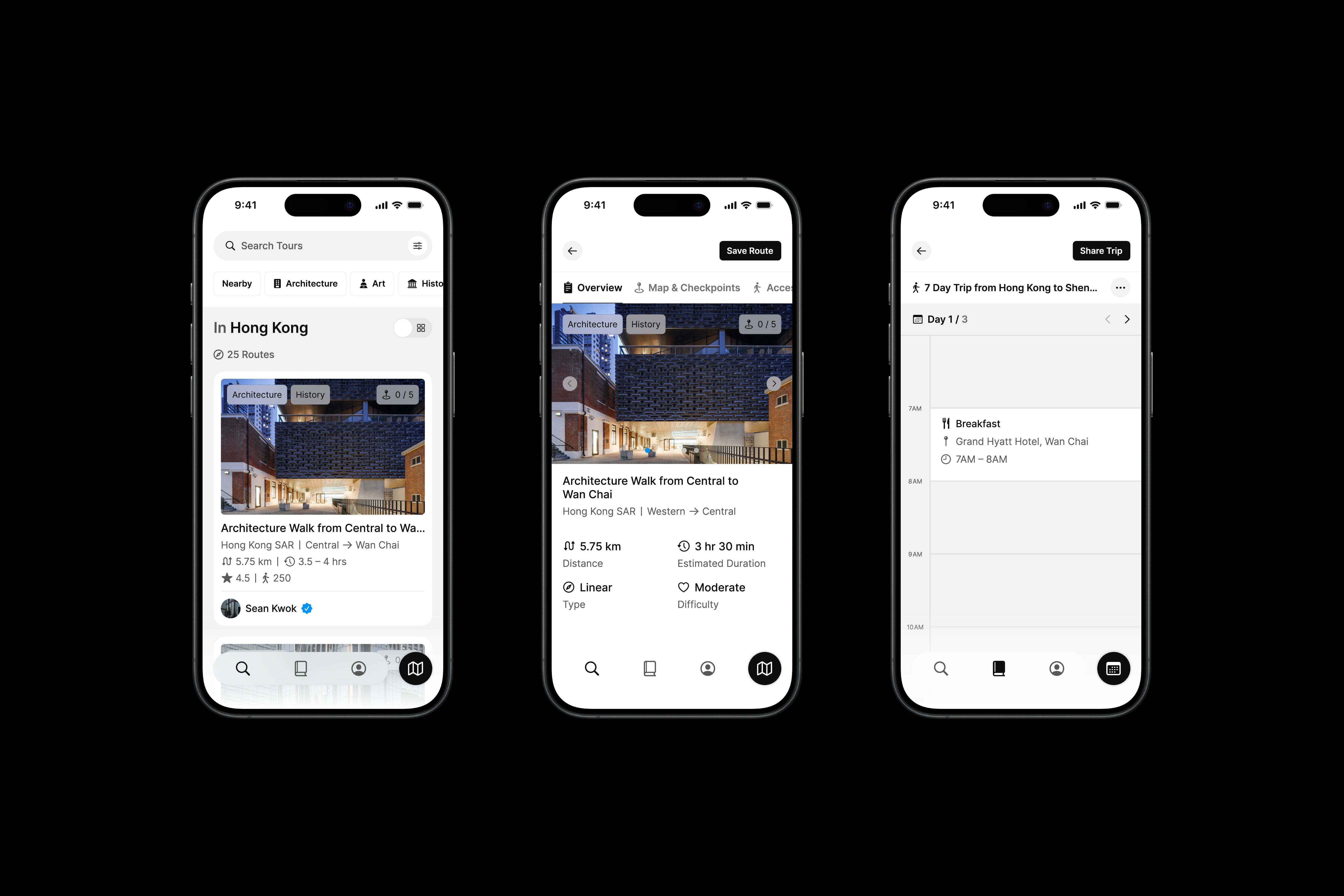 Three iPhone mock ups featuring Many Road's app design.