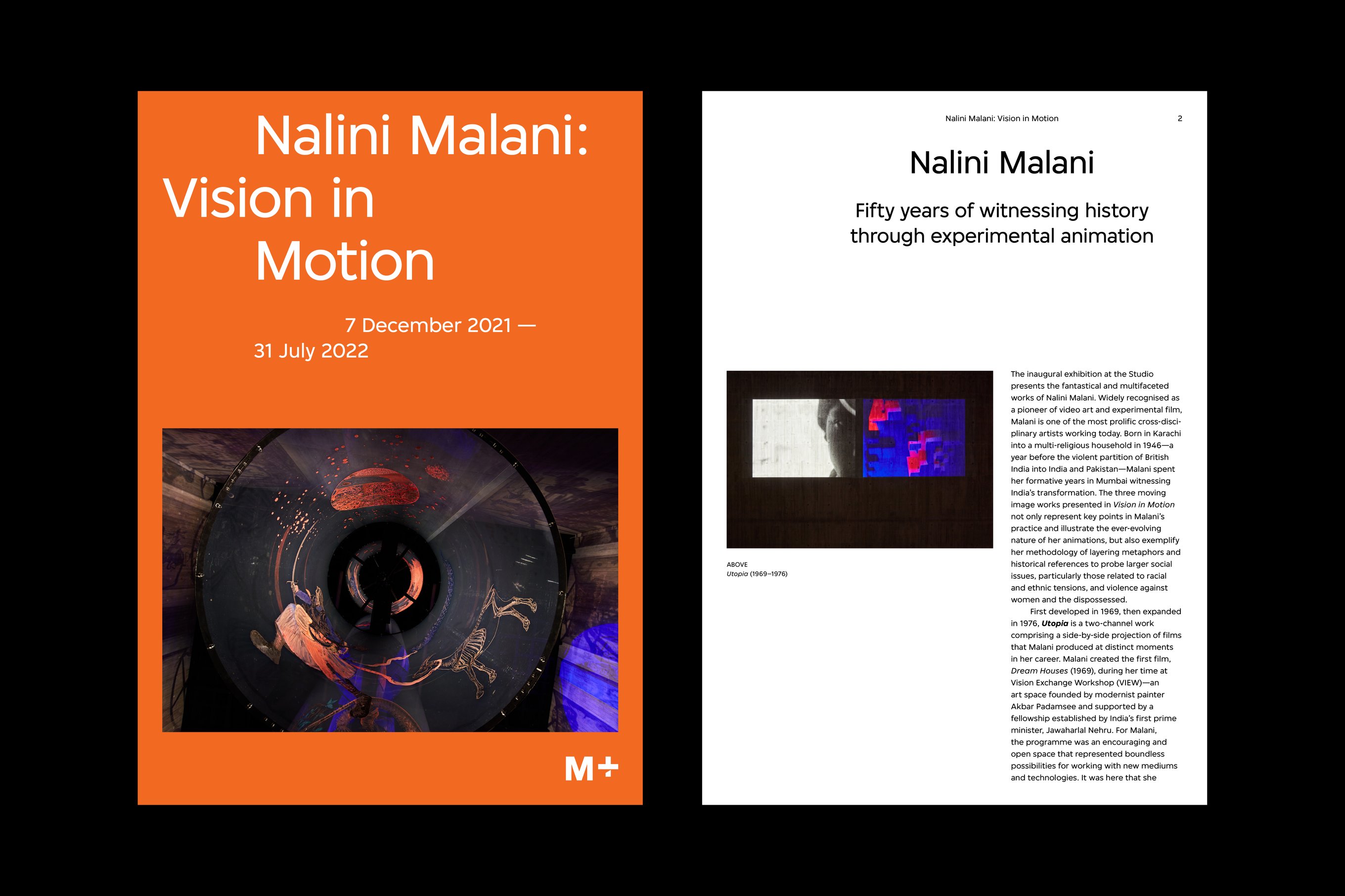 Cover and essay page design for the Nalini Malani exhibition brochure.