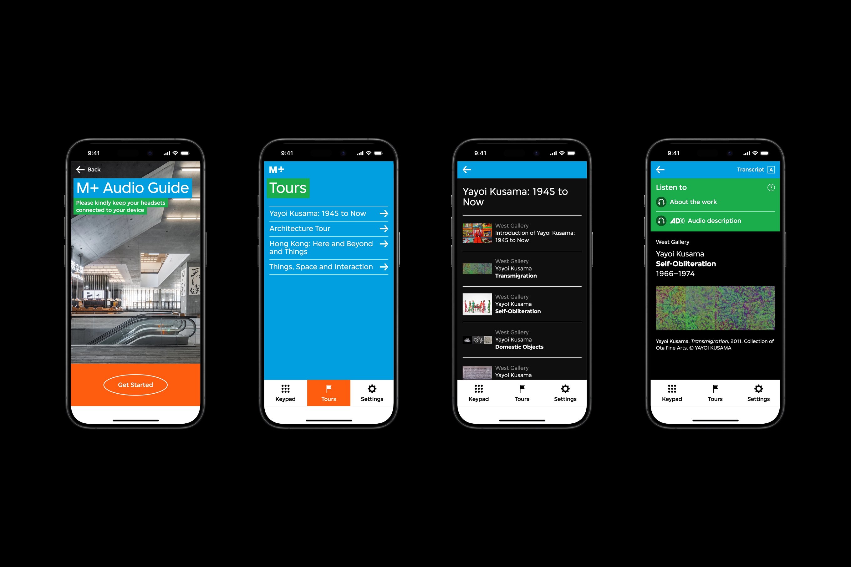 There are four audio guide interfaces. The first interface features the start-up page with three options. The second interface features the tours overview page, the third interface features the artwork page, and the fourth interface features the about the artwork page..