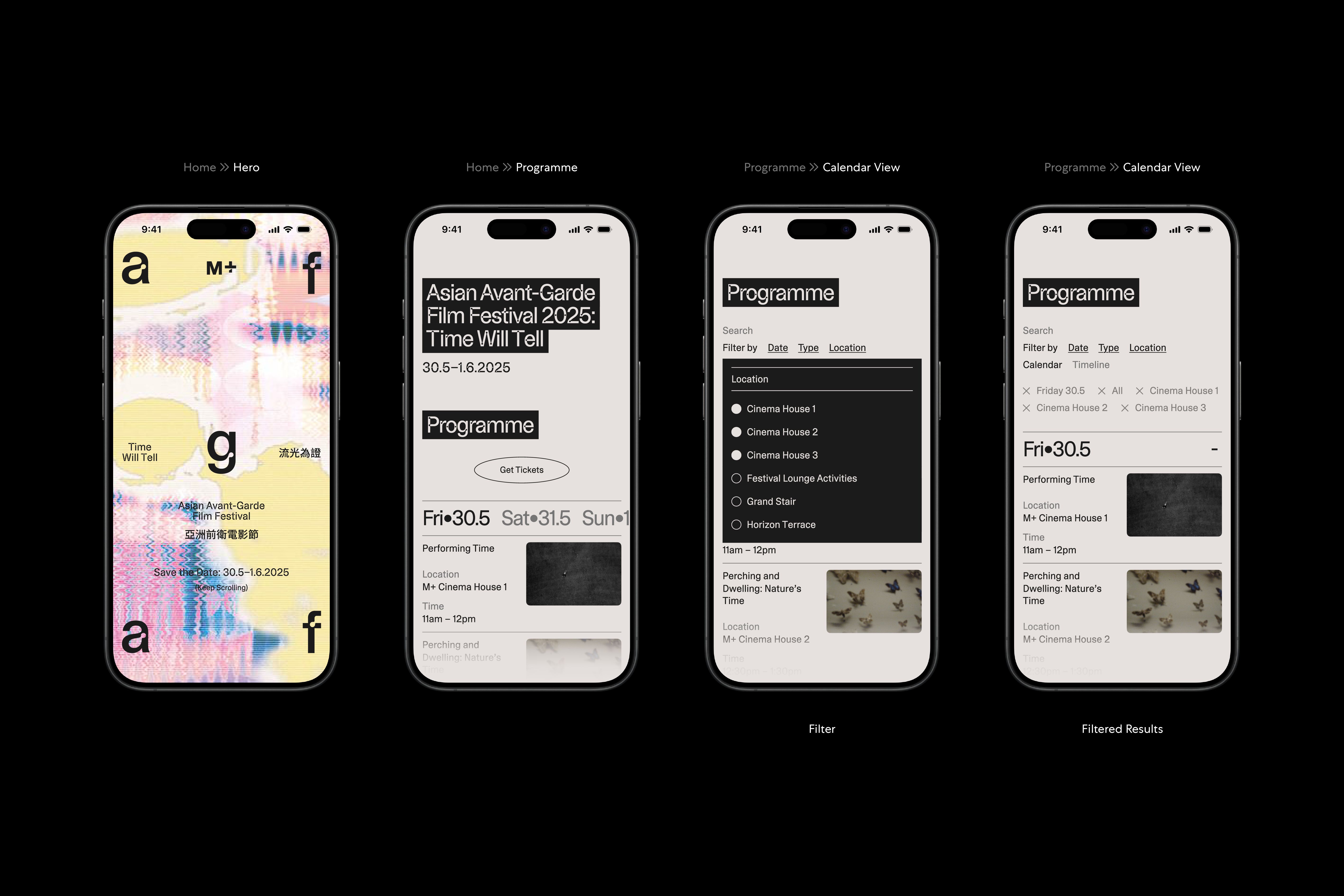 Four iPhones featuring the Asian Avant-Garde Film Festival's website design.