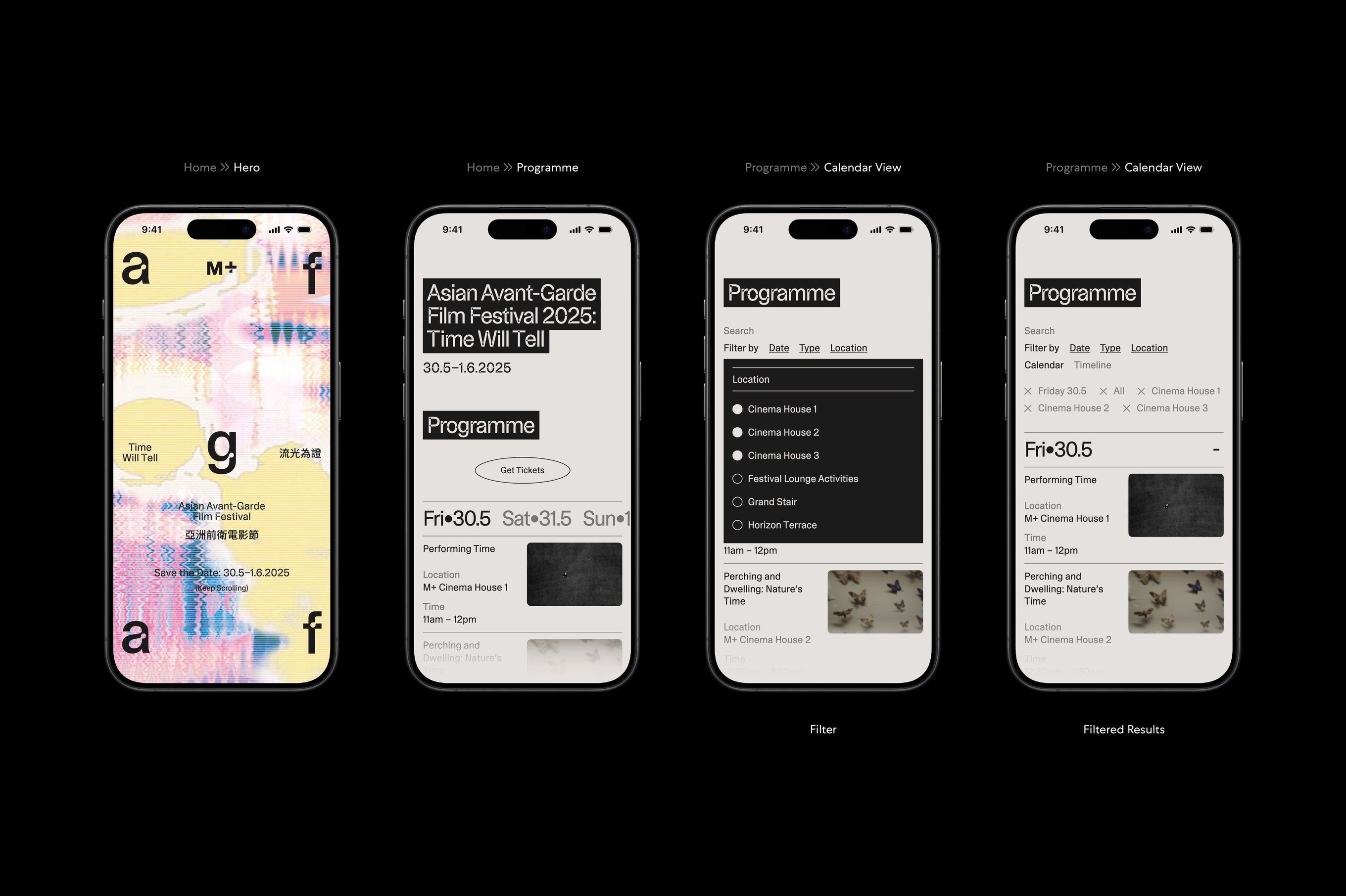 Four iPhones featuring the Asian Avant-Garde Film Festival's website design.