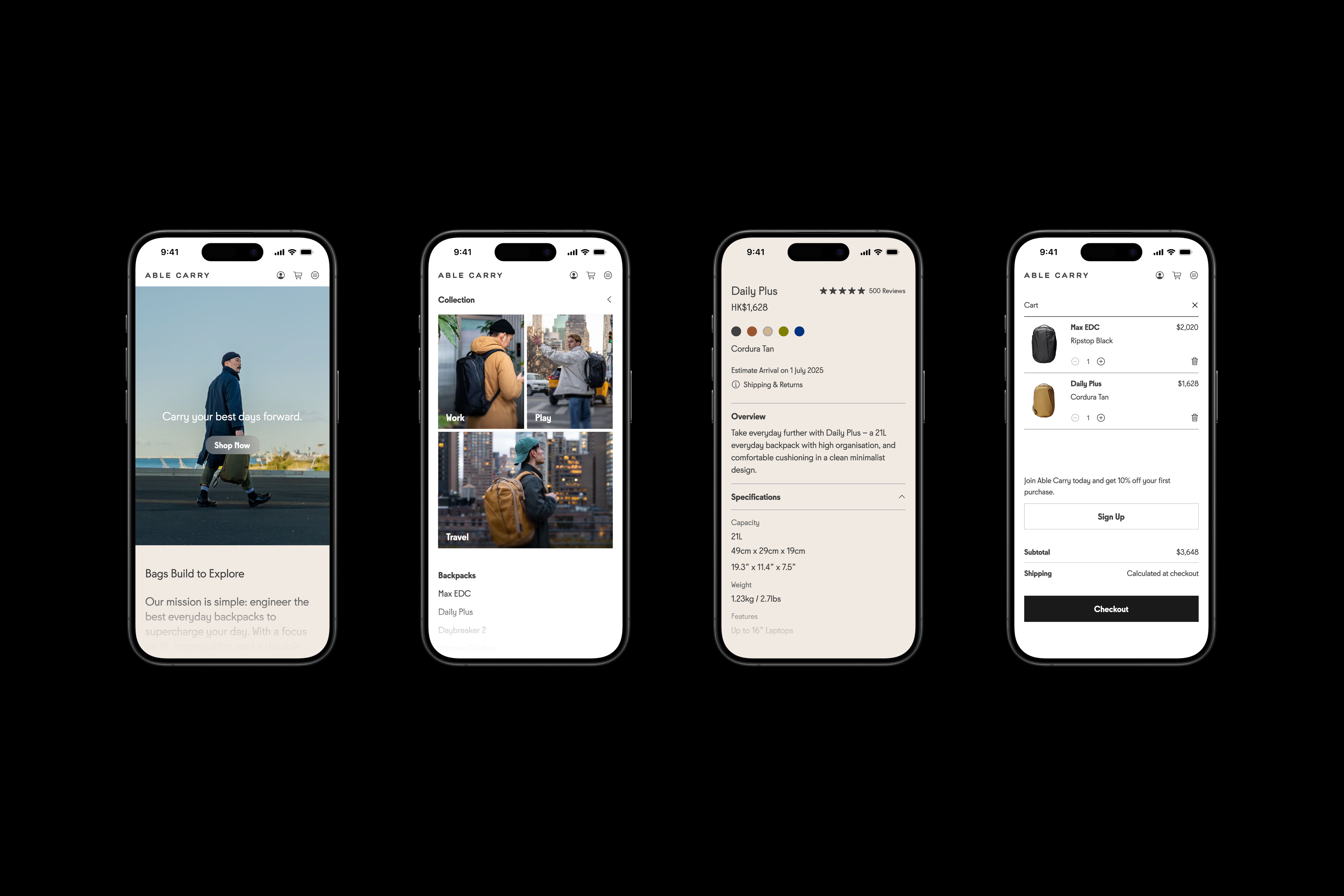 Four iPhones featuring the Able Carry's website design.