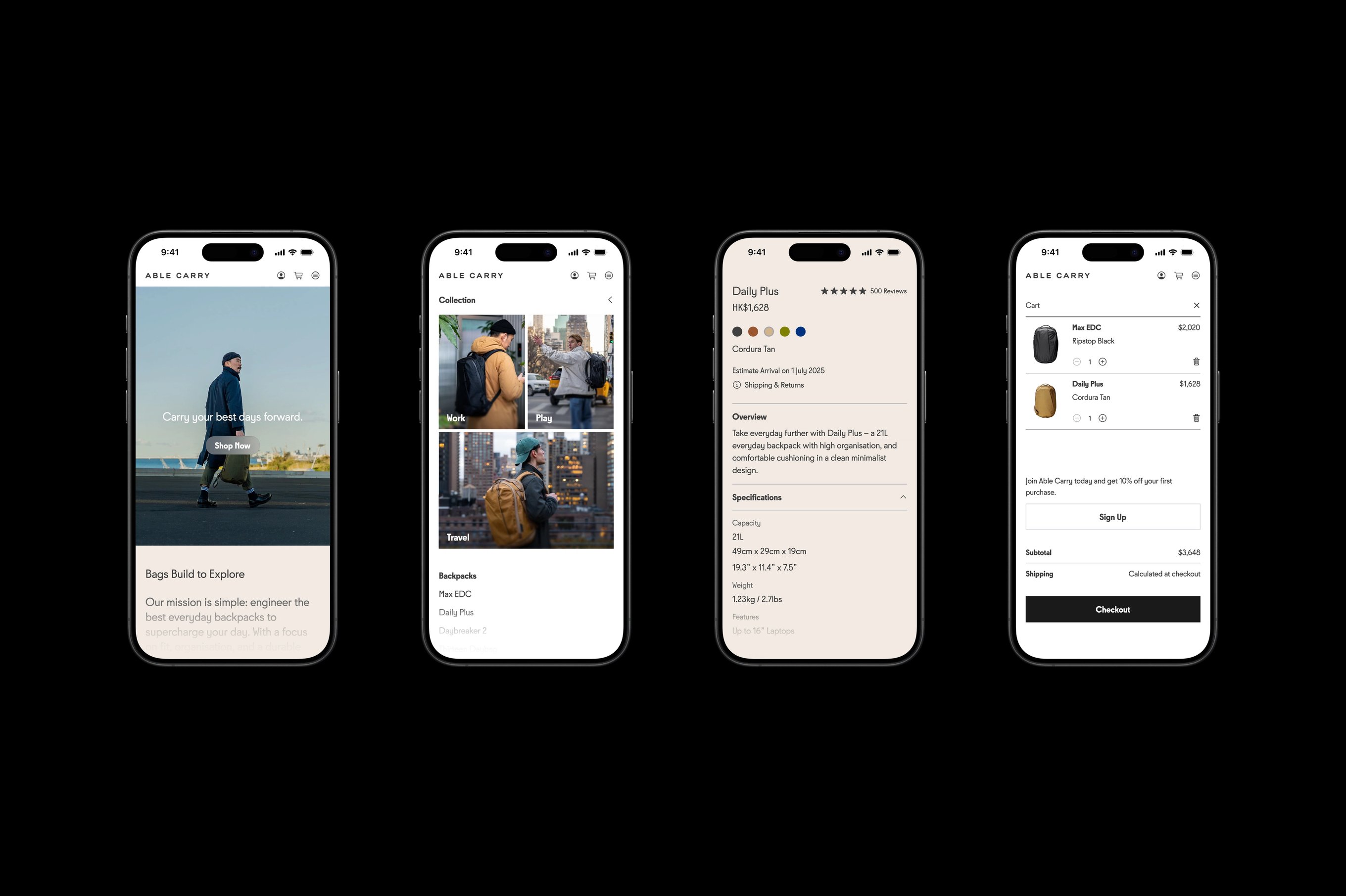 Four iPhones featuring the Able Carry's website design.