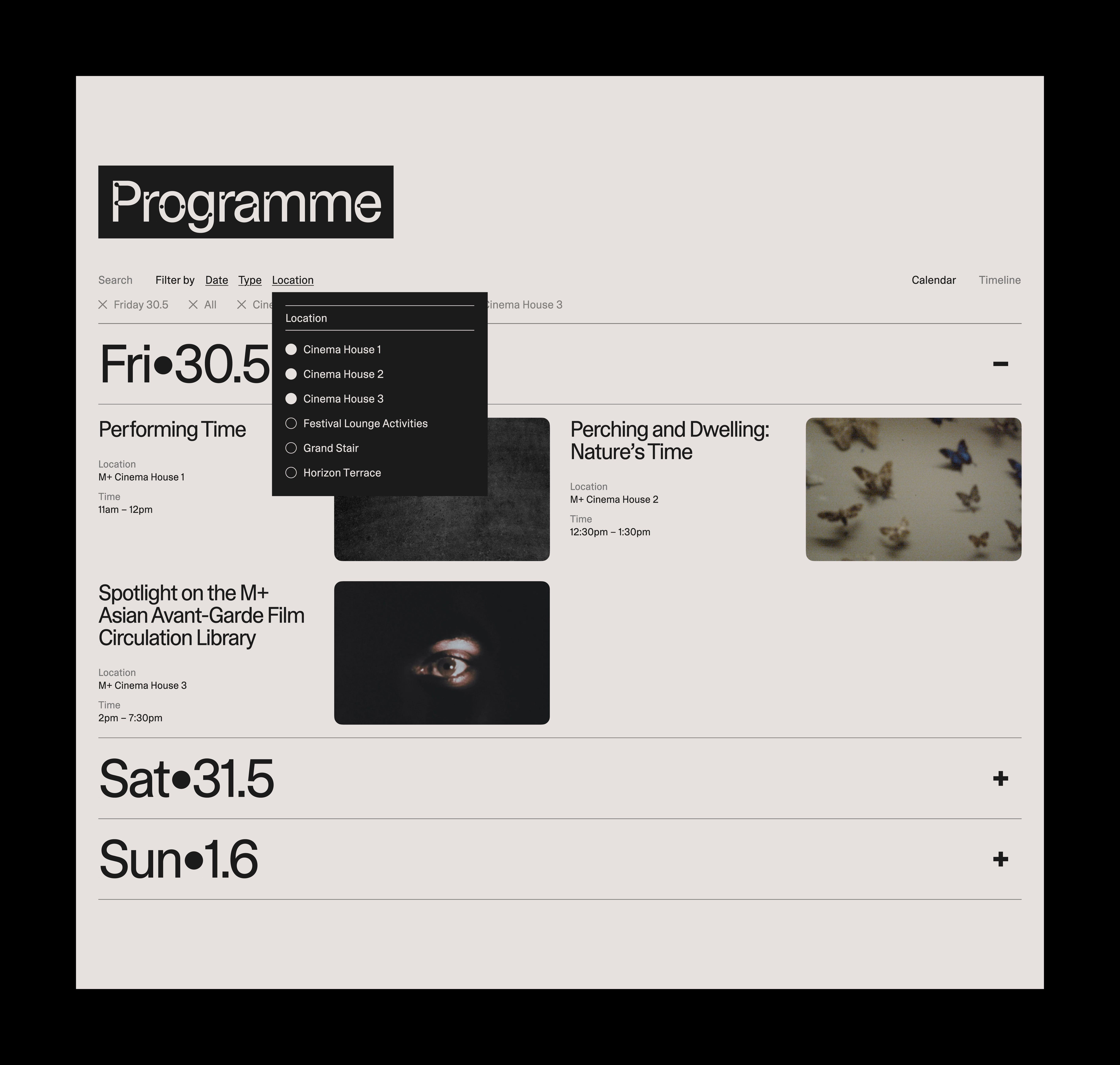 The programme page design of the Asian Avant-Garde Film Festival with filter options.