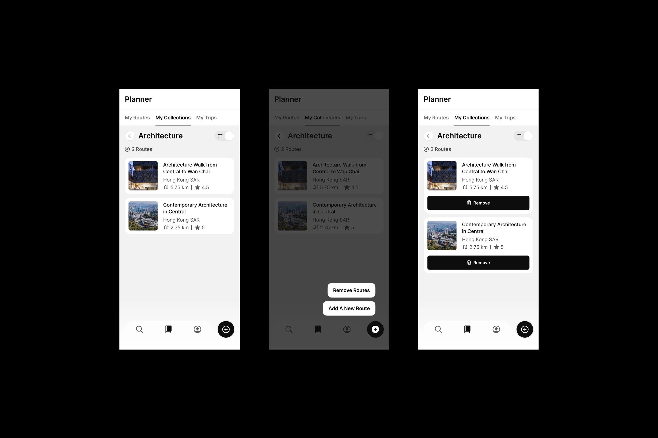 Four designs featuring the Many Road app's collection page under the planner section.