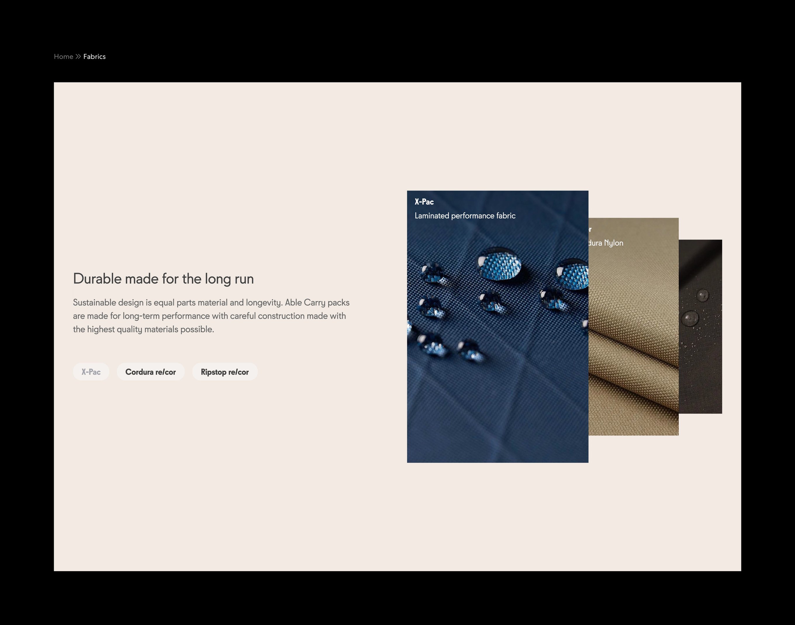 An image featuring Able Carry's homepage material section design.