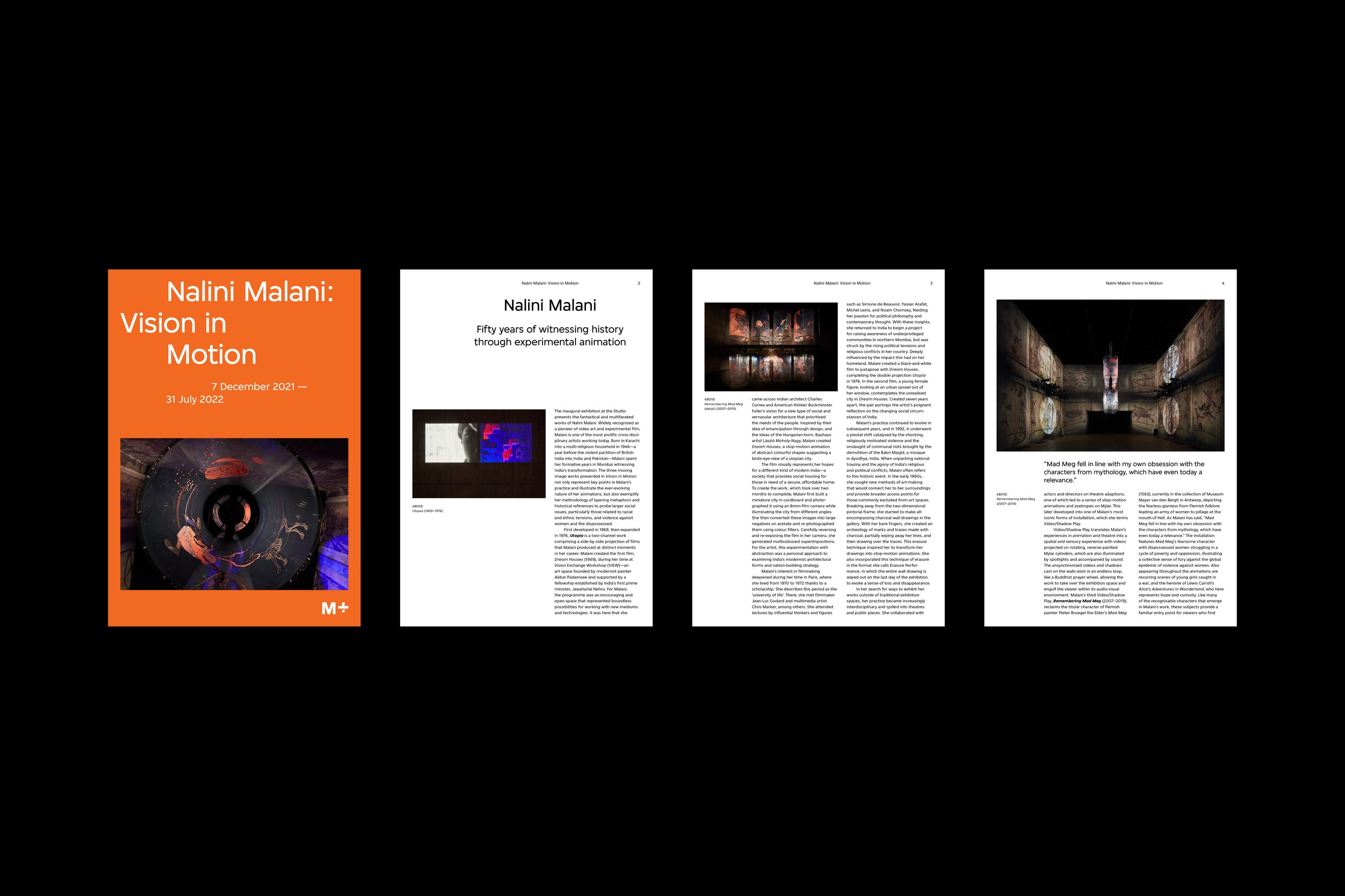 An overview of the Nalini Malani exhibition brochure, including the cover and three essay pages accompanied by images and texts.