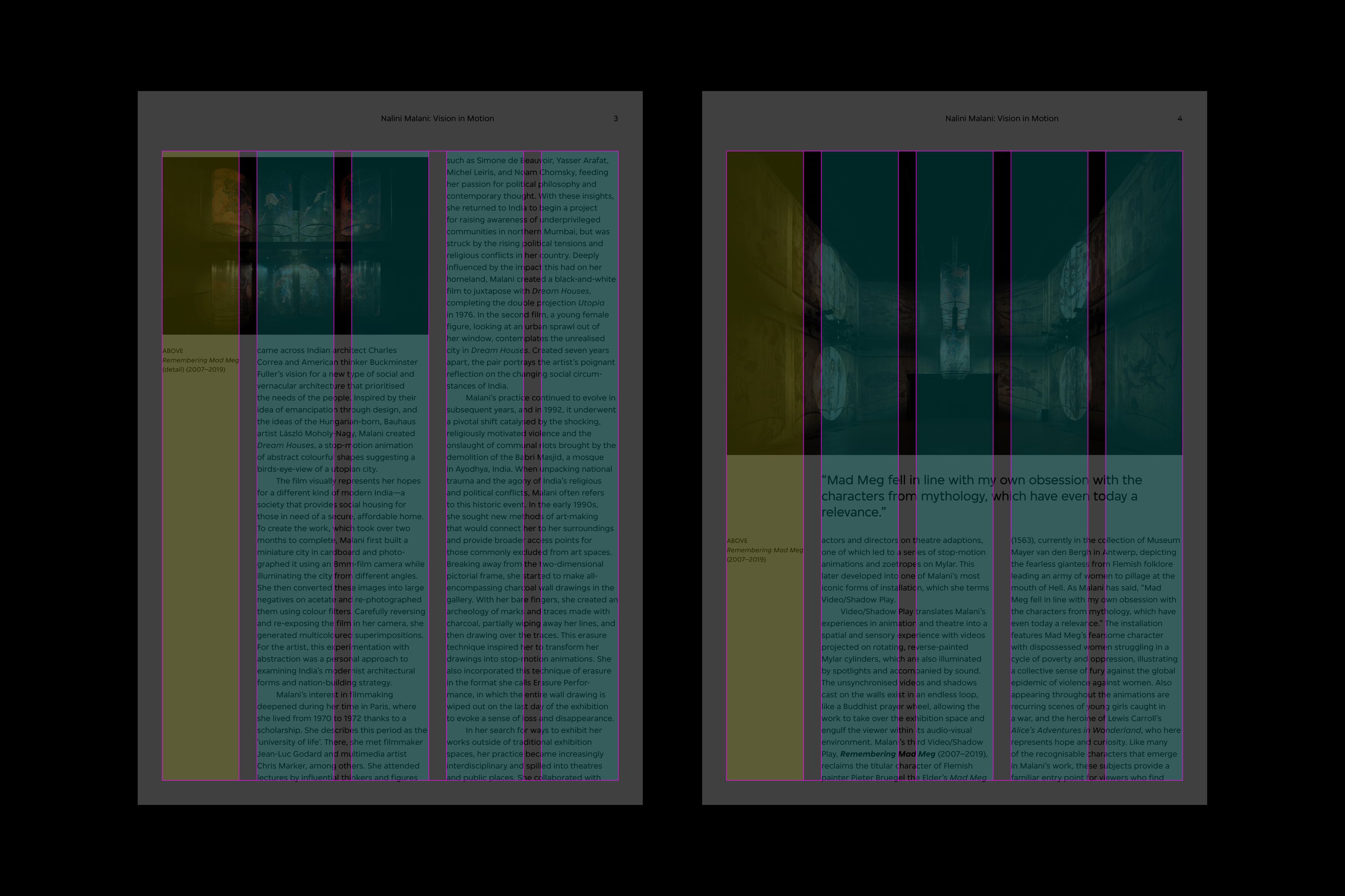 Essay page designs for the Nalini Malani exhibition brochure with a graphical representation of the five-column grid system.