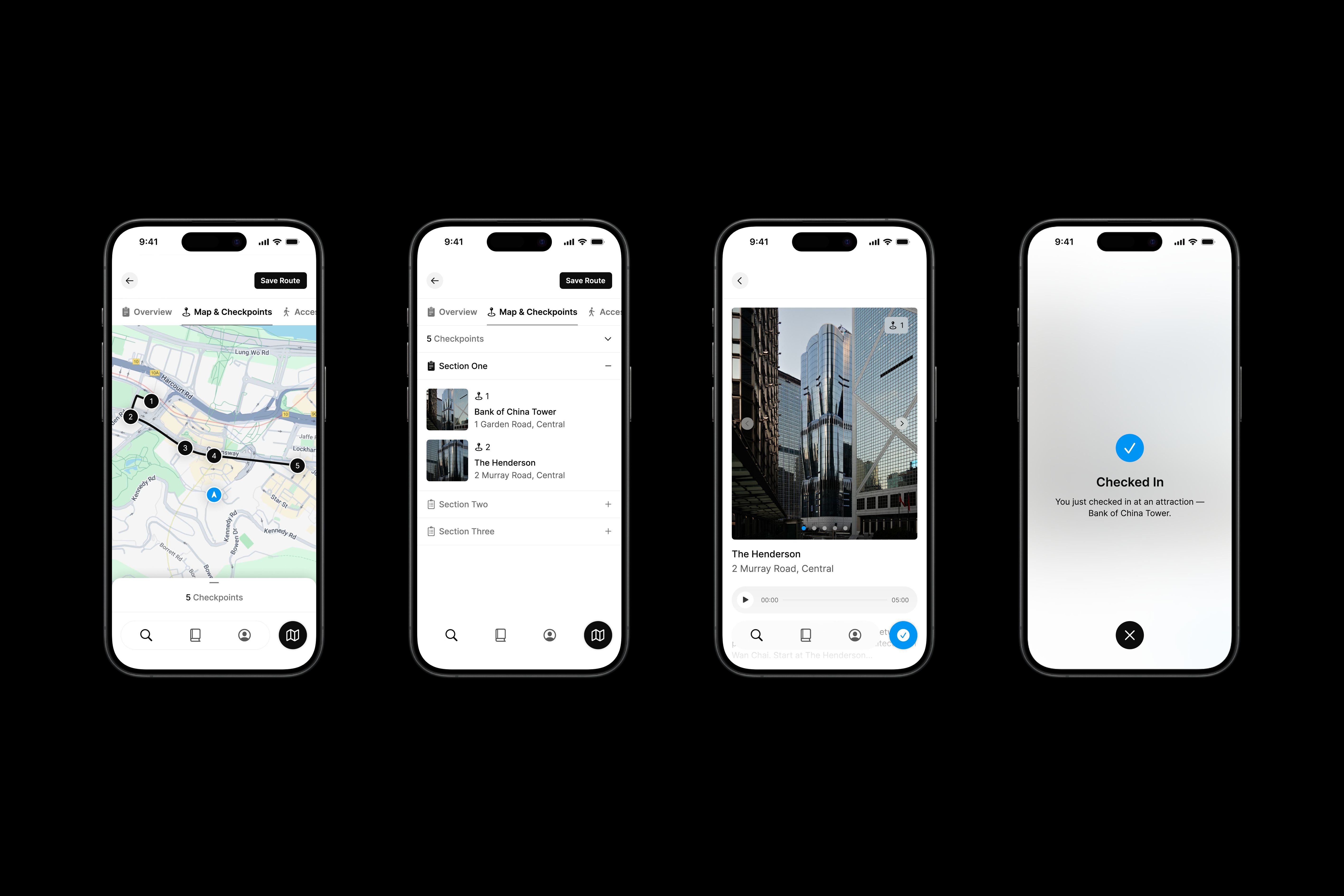 Four iPhone mock ups featuring Many Road's app design.