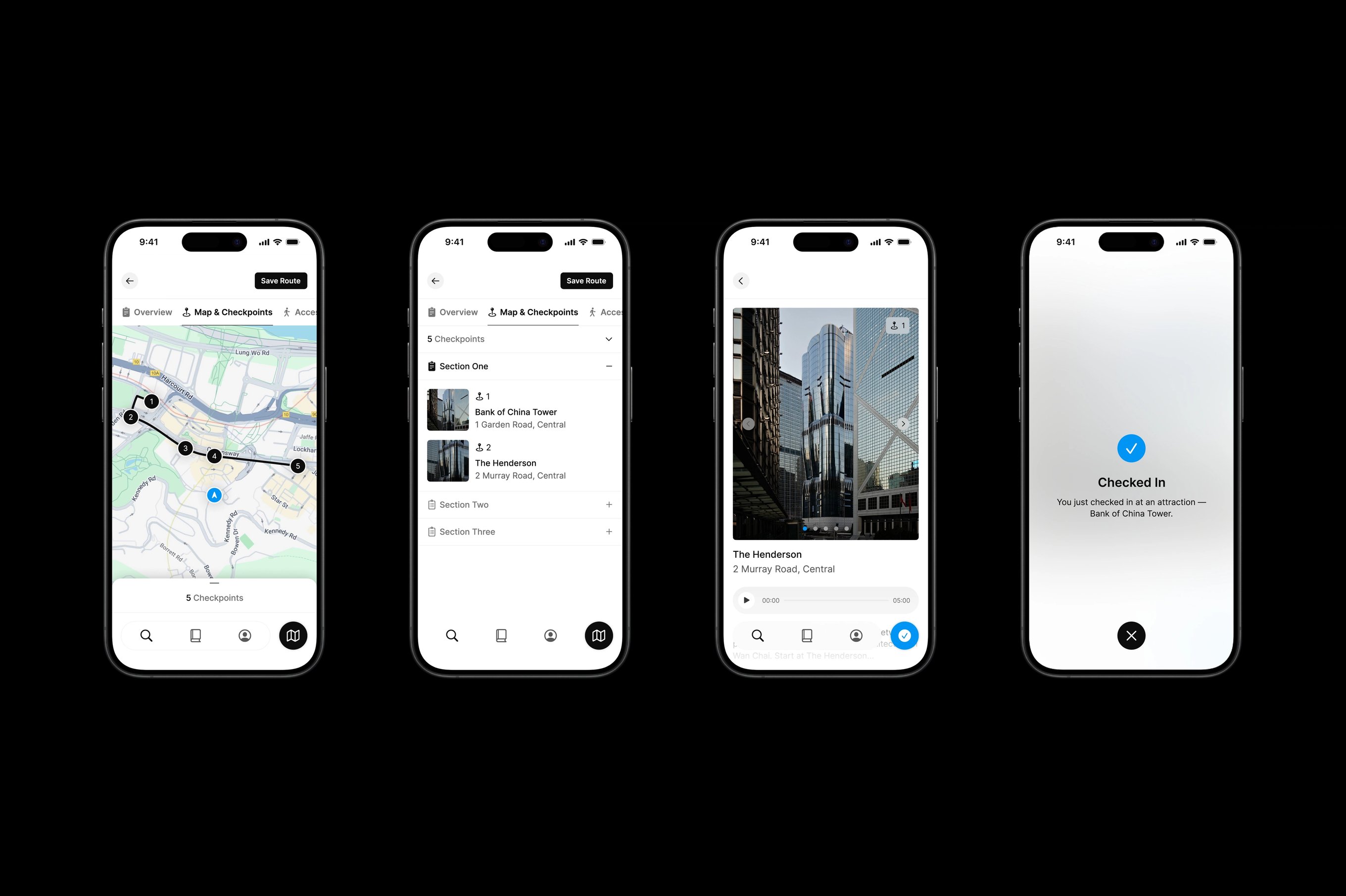 Four iPhone mock ups featuring Many Road's app design.
