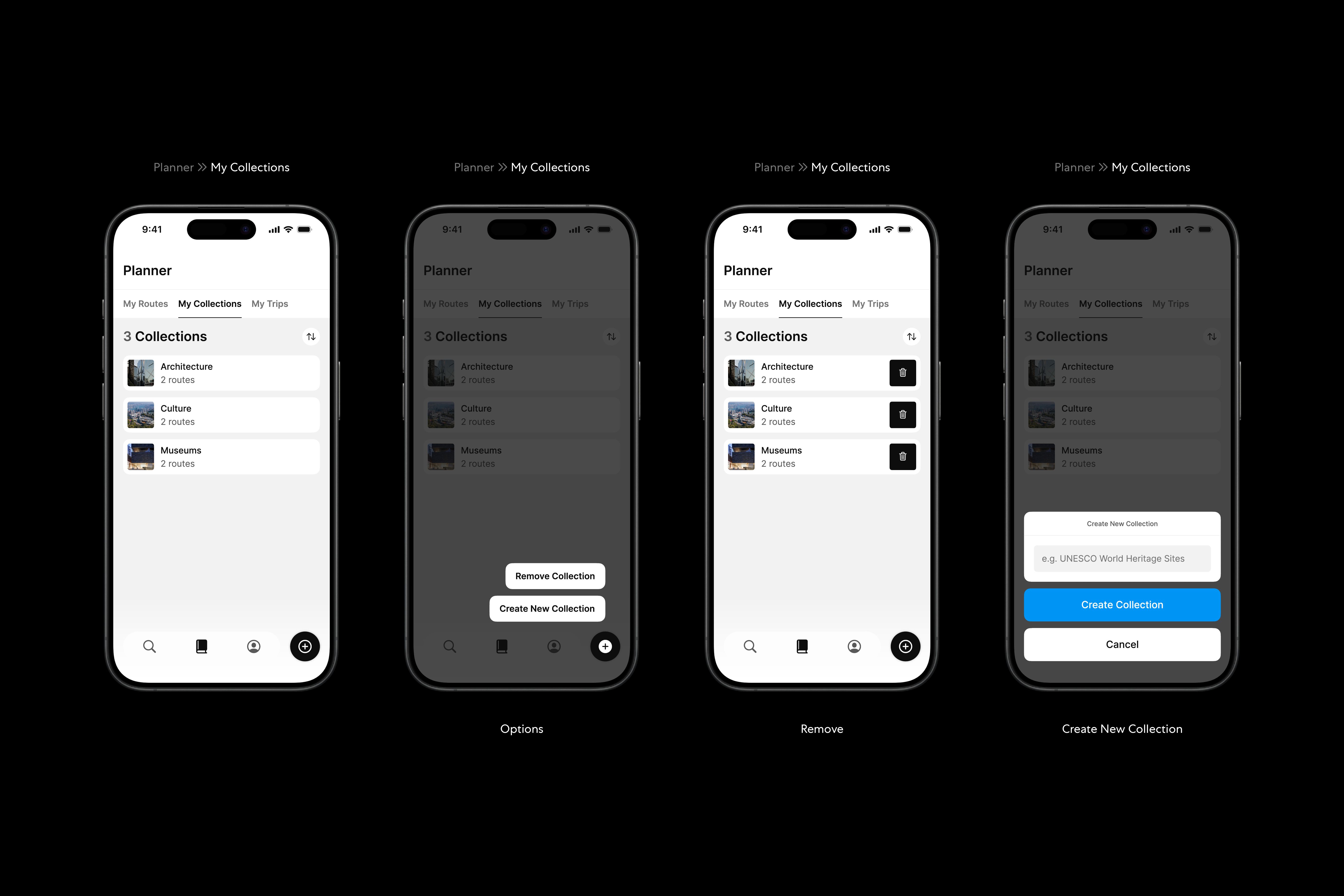 Four designs featuring the Many Road app's collection page under the planner section.